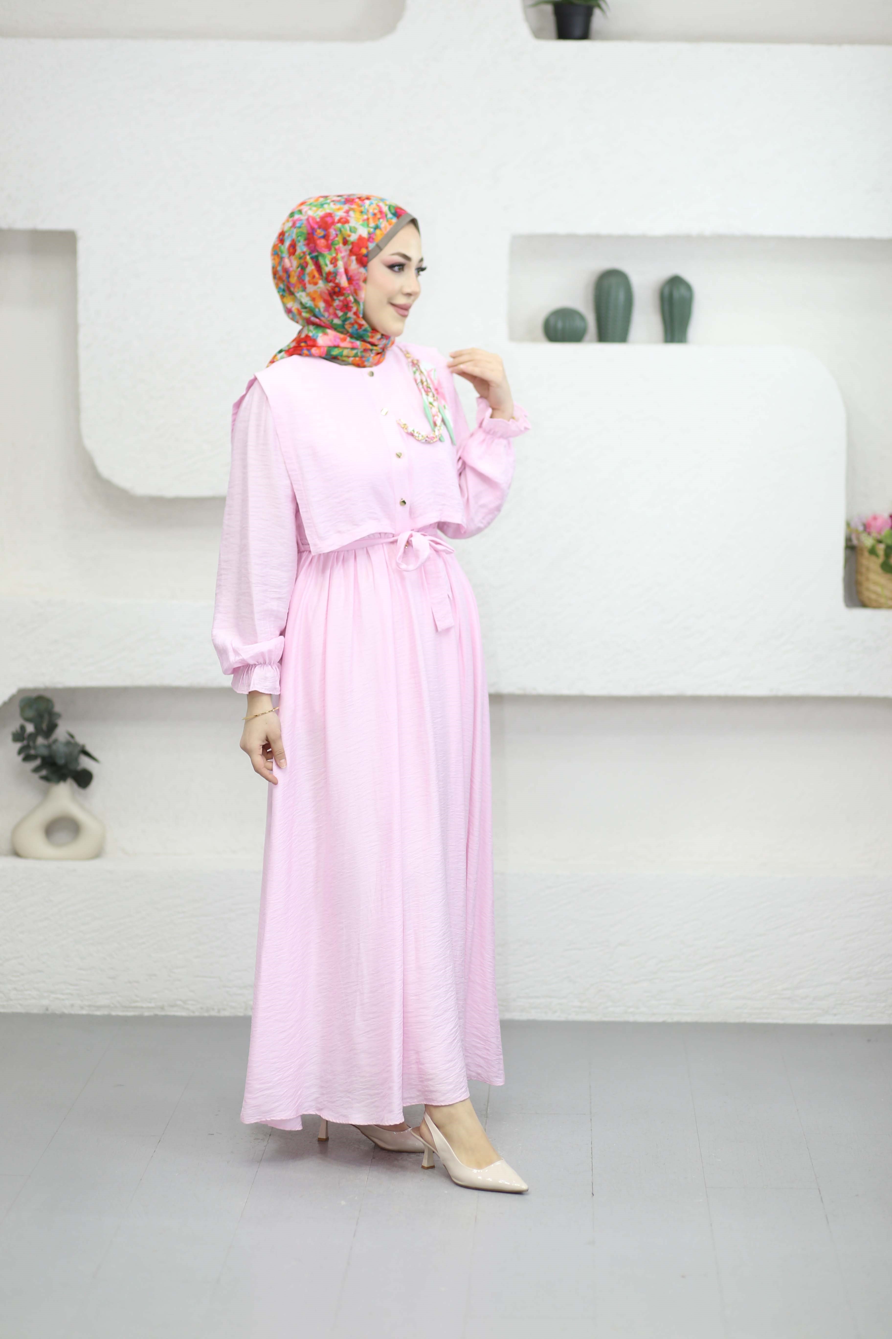 Fular Zincirli Elbise Pembe 1608