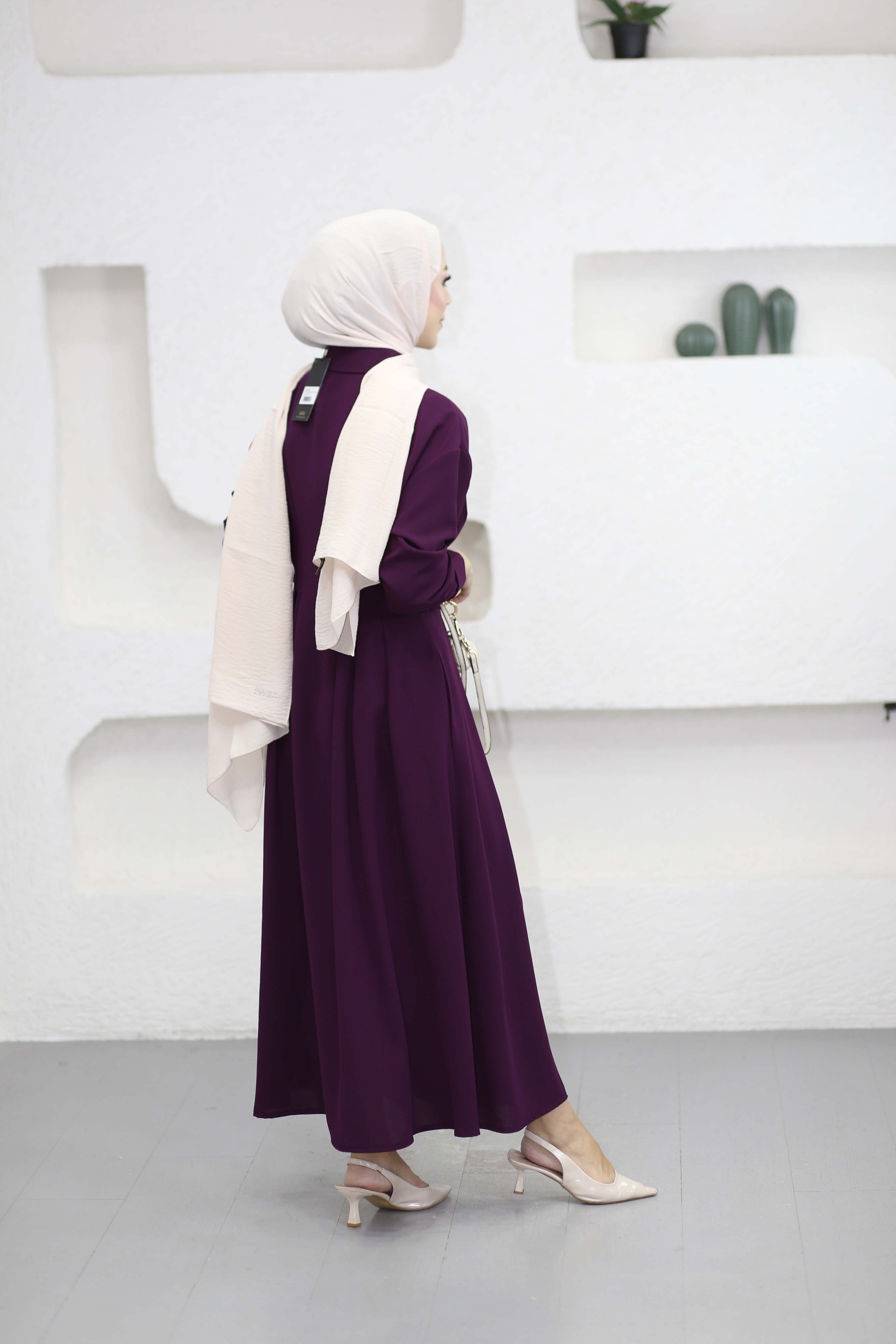 Bel Detaylı Ön Düğmeli Tencel Elbise Mor 5509