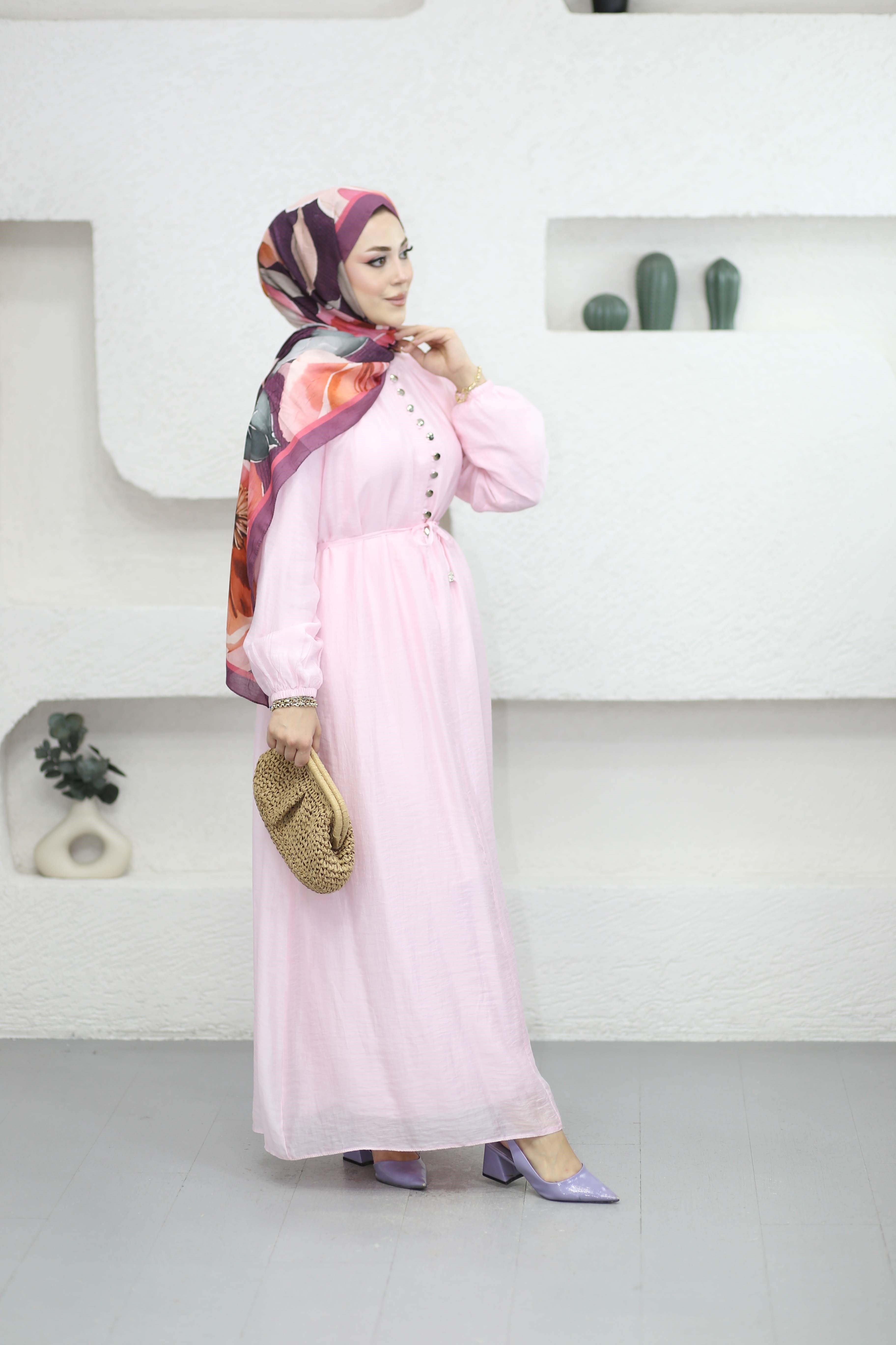 Yarı Düğmeli Elbise Pembe 5353
