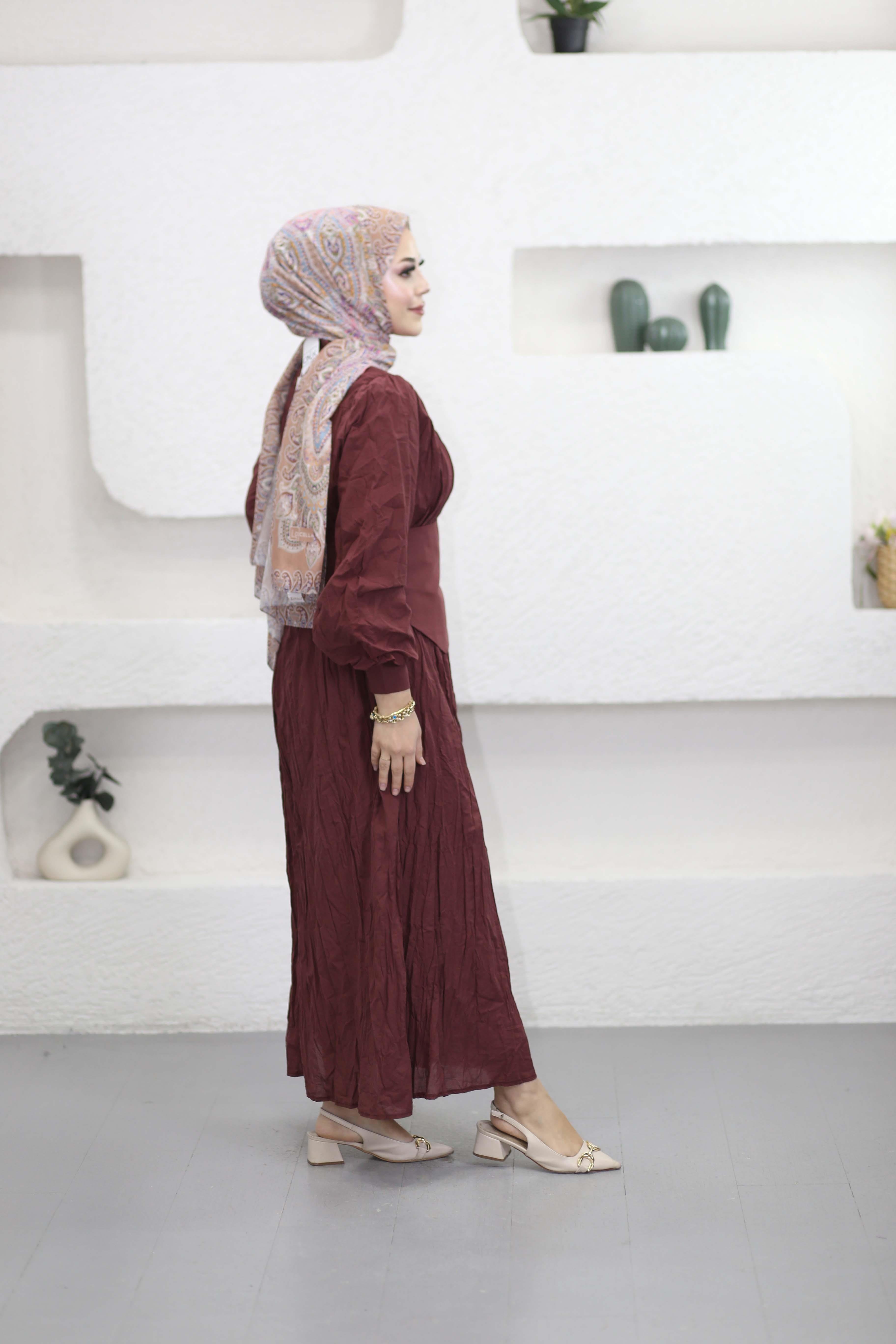 Büzgülü Yarım Patlı Vual Elbise Bordo 8323