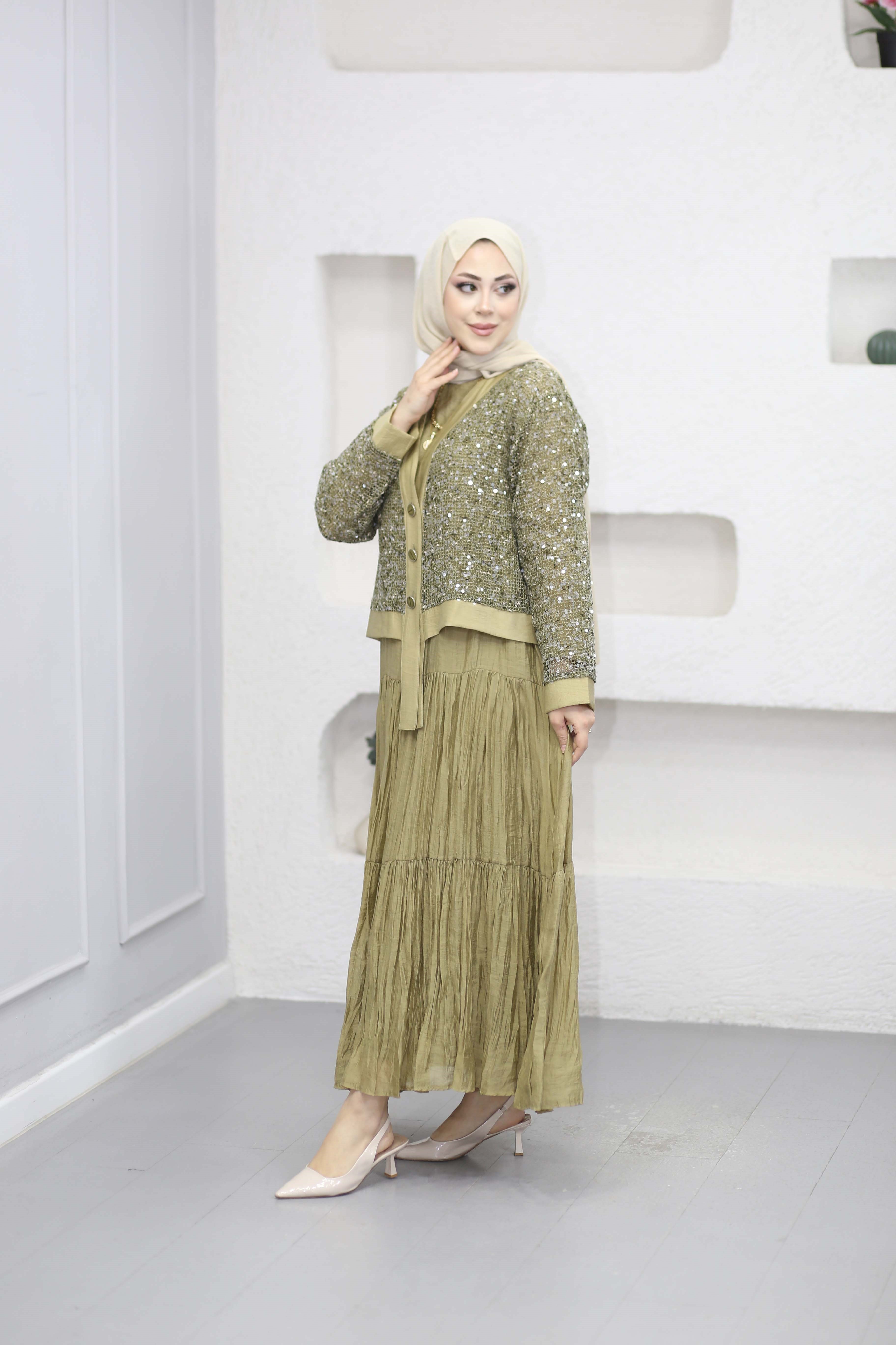 Payet Hırkalı Elbise Yağ Yeşili 1560
