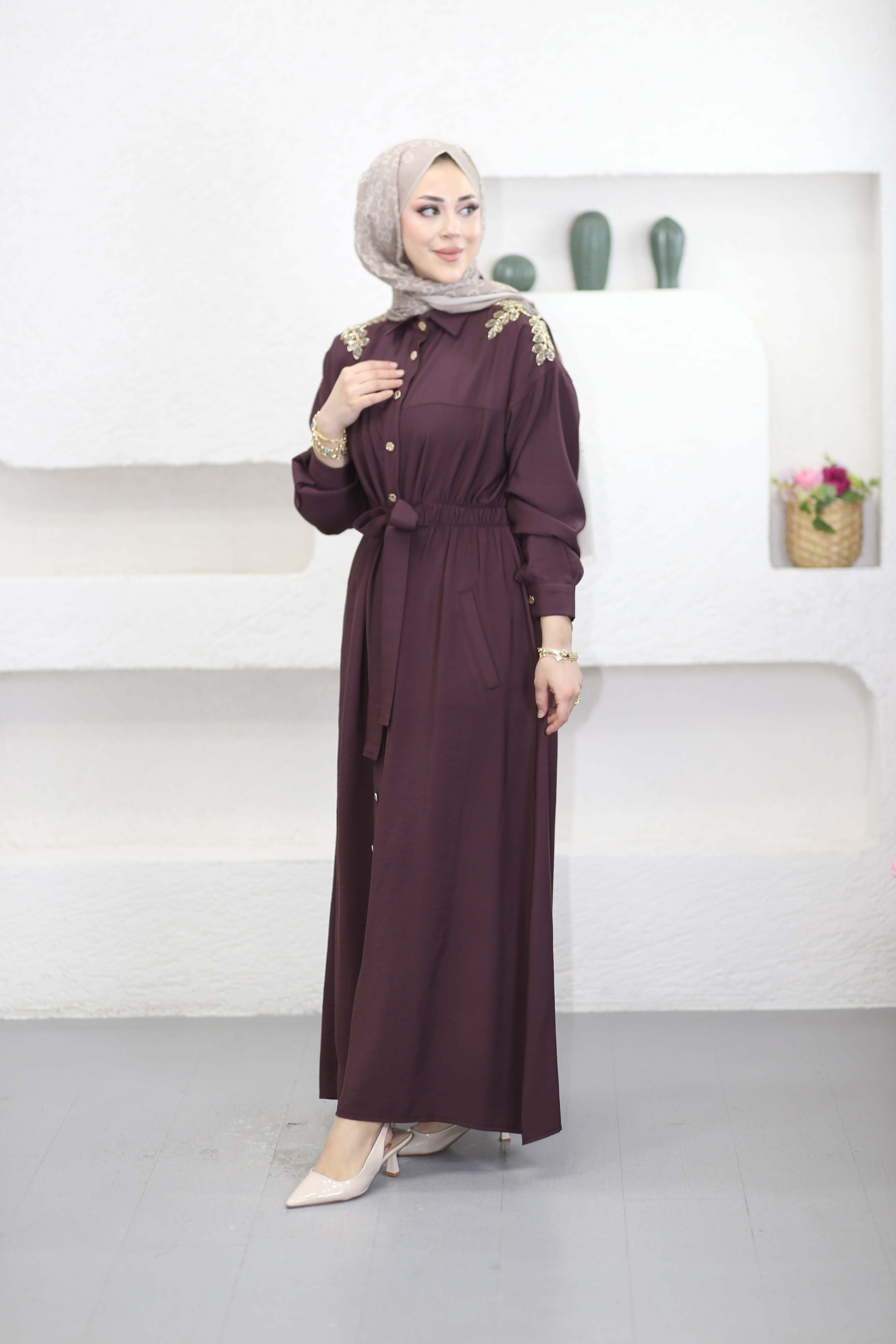 Omuz Nakışlı Elbise Mürdüm 1471