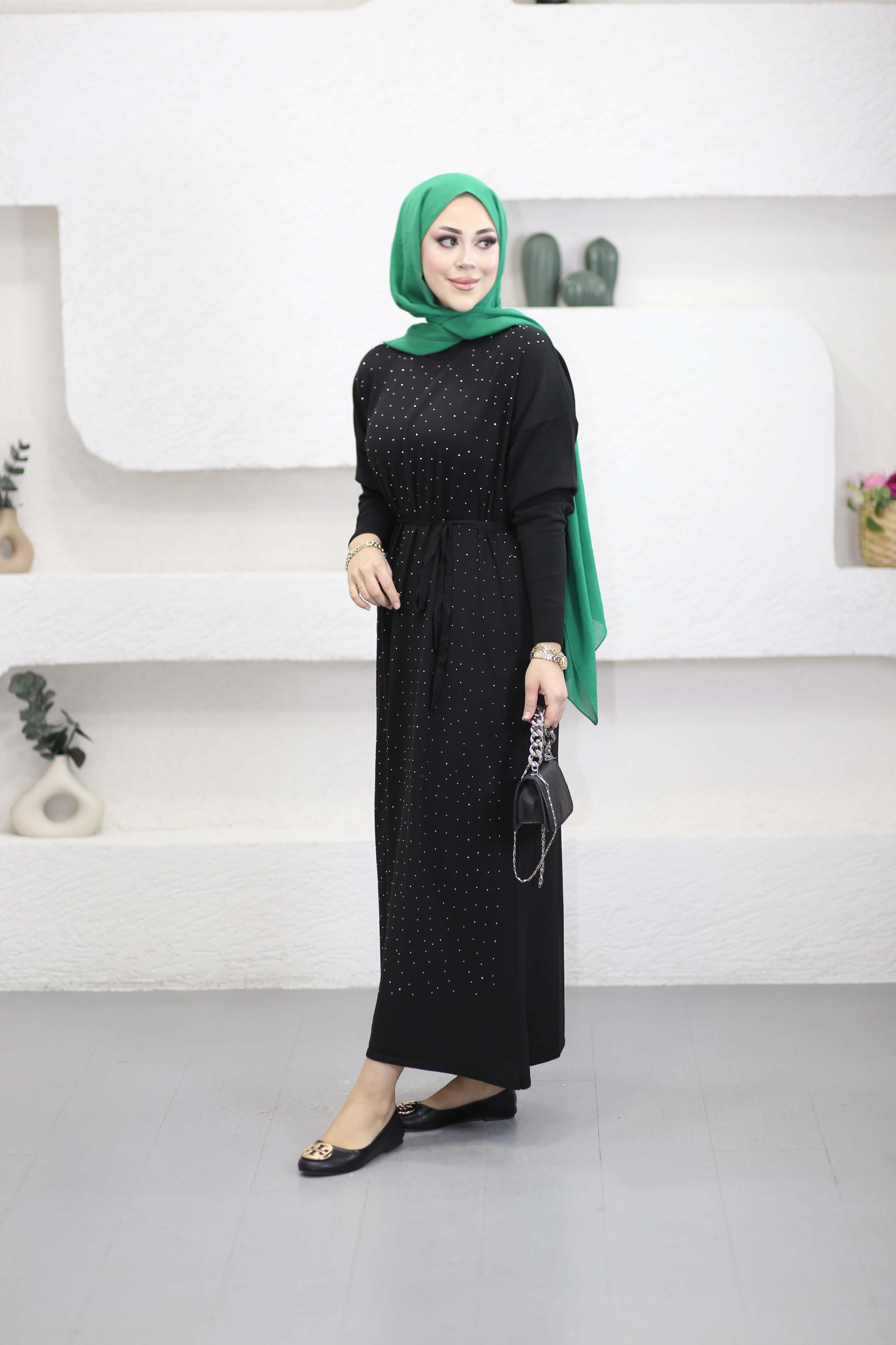Taşlı Merserize Elbise Siyah 25270