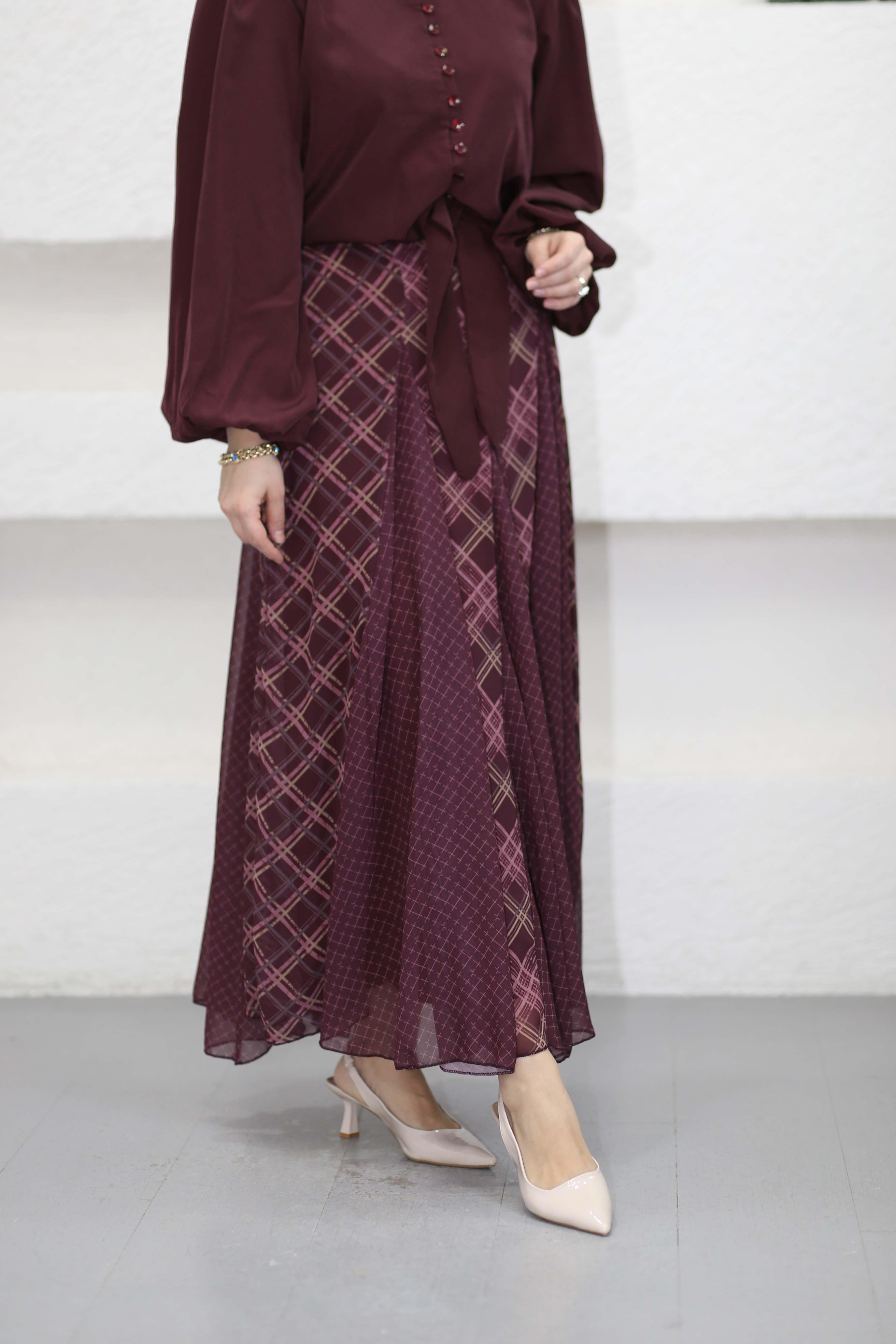 Baskılı Şifon Etek Mürdüm 8258