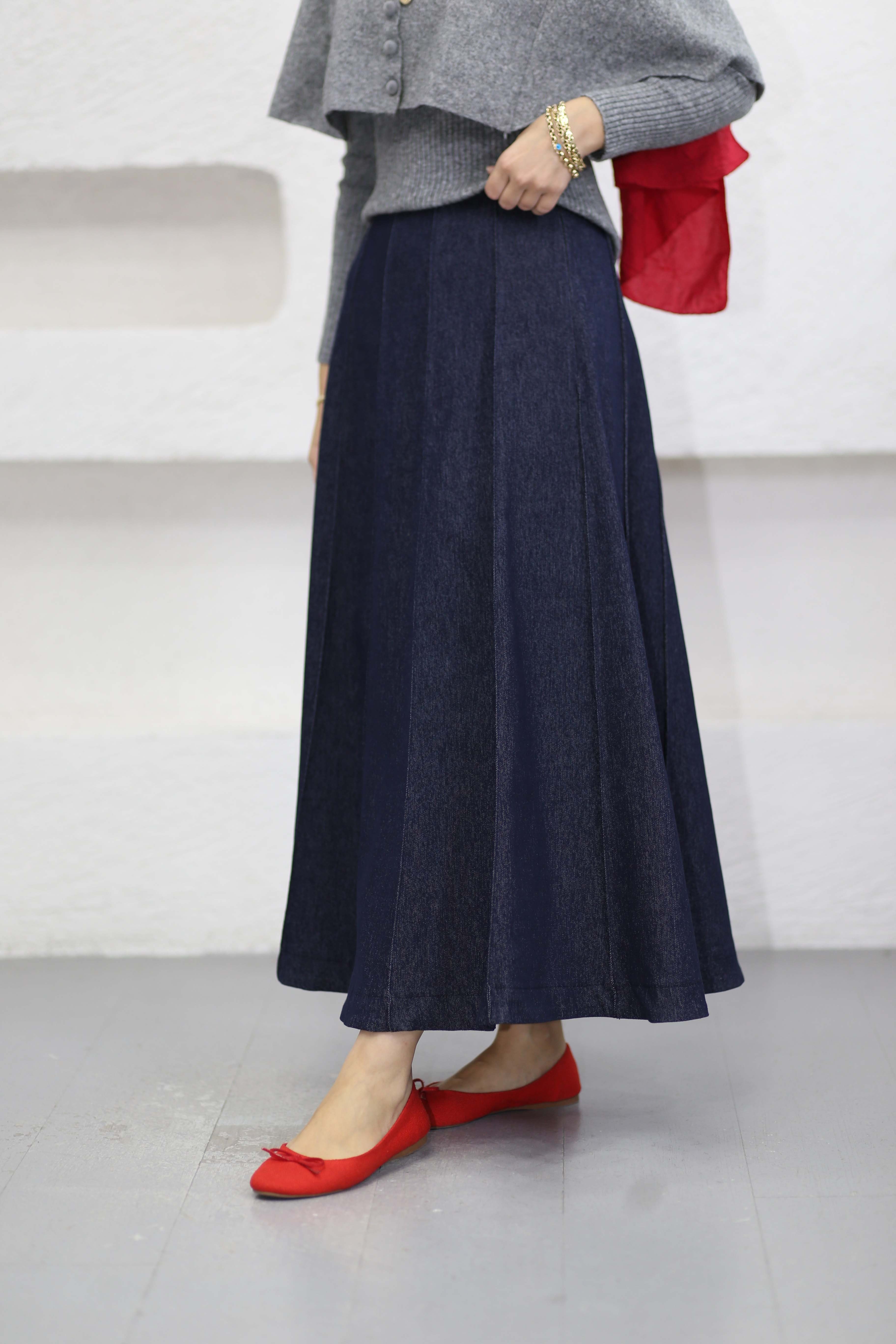Dikişli Denim Etek Koyu Mavi 1173