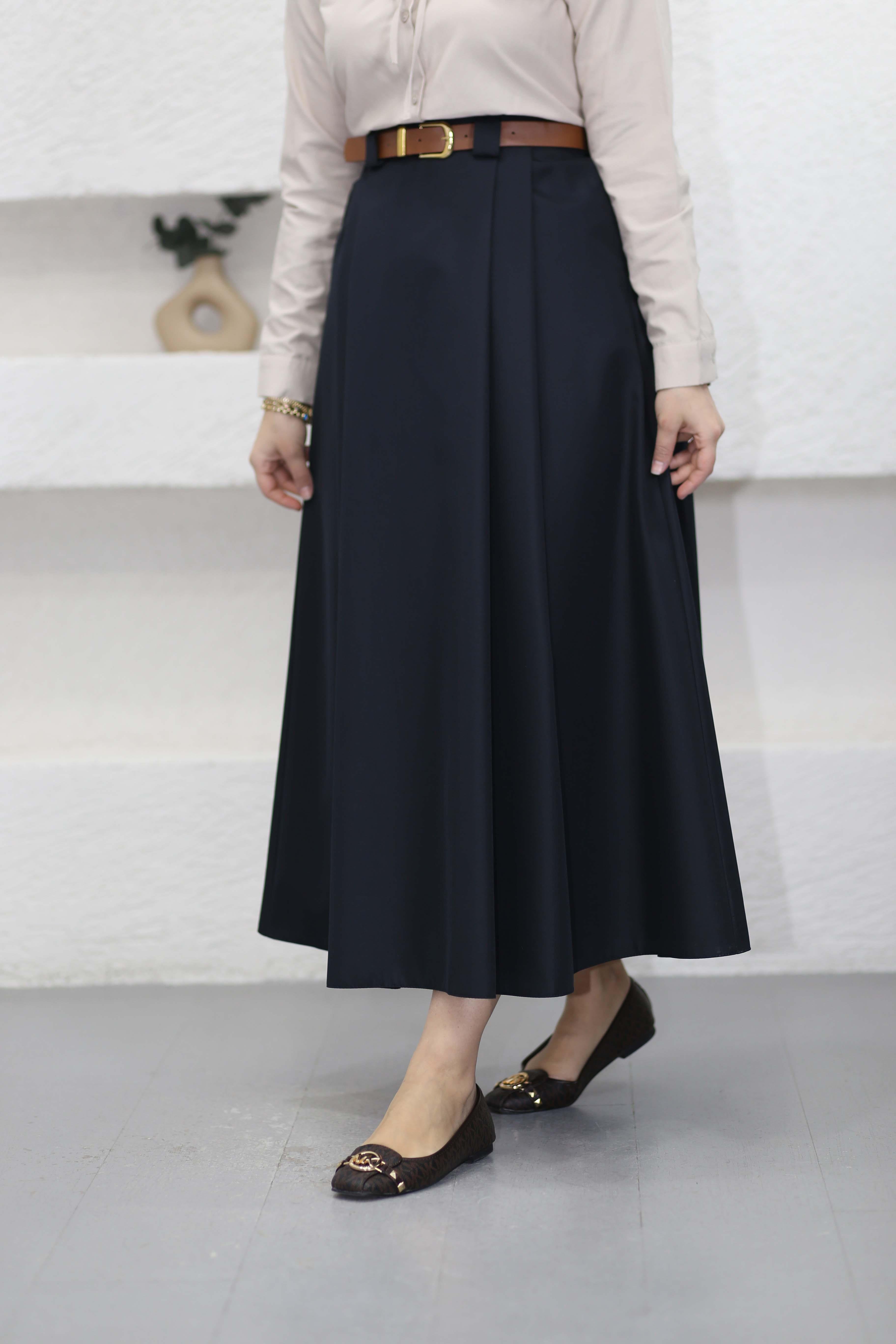 Kemerli Kanvaz Etek Lacivert 1060