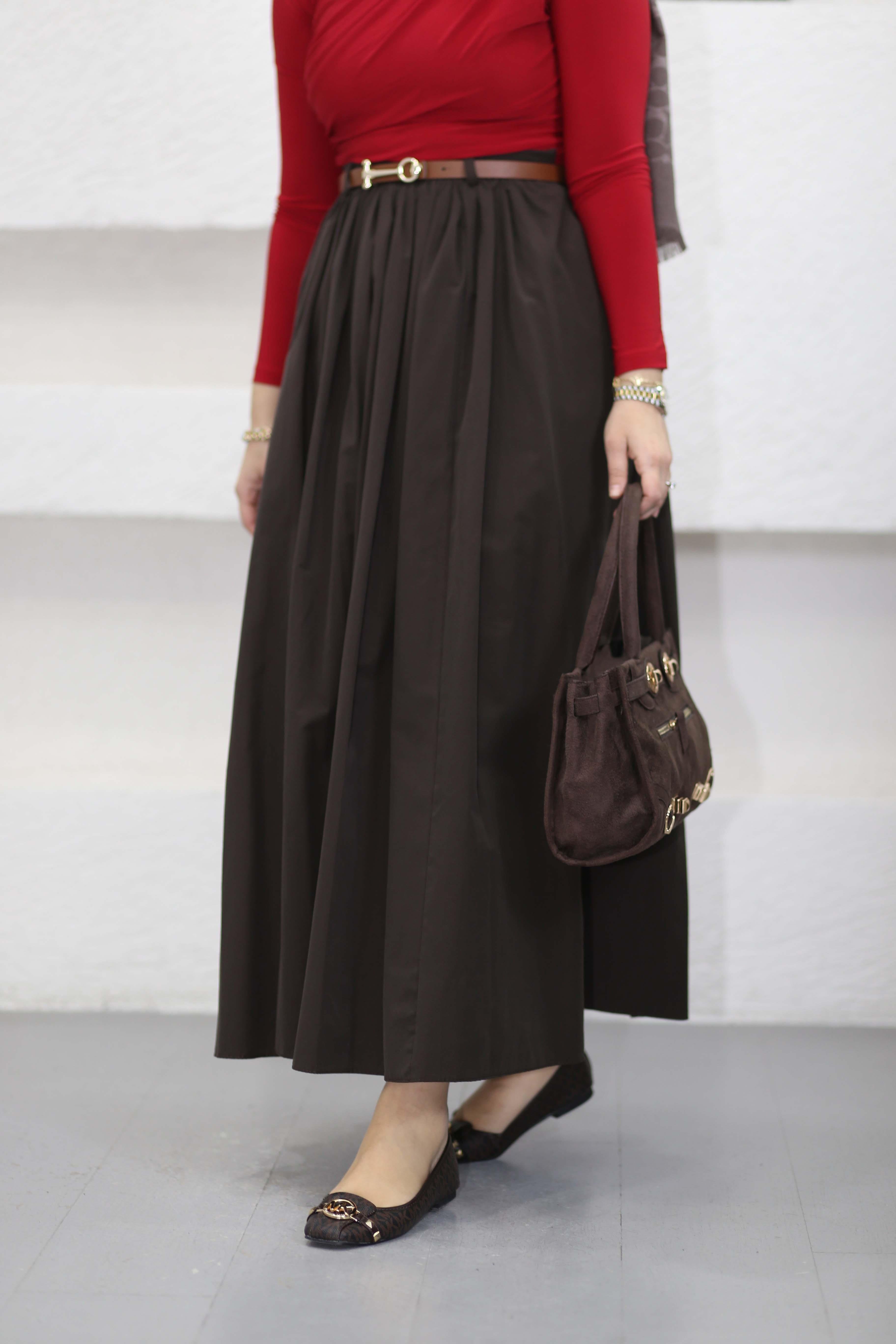 Kemerli Poplin Etek Kahverengi 546