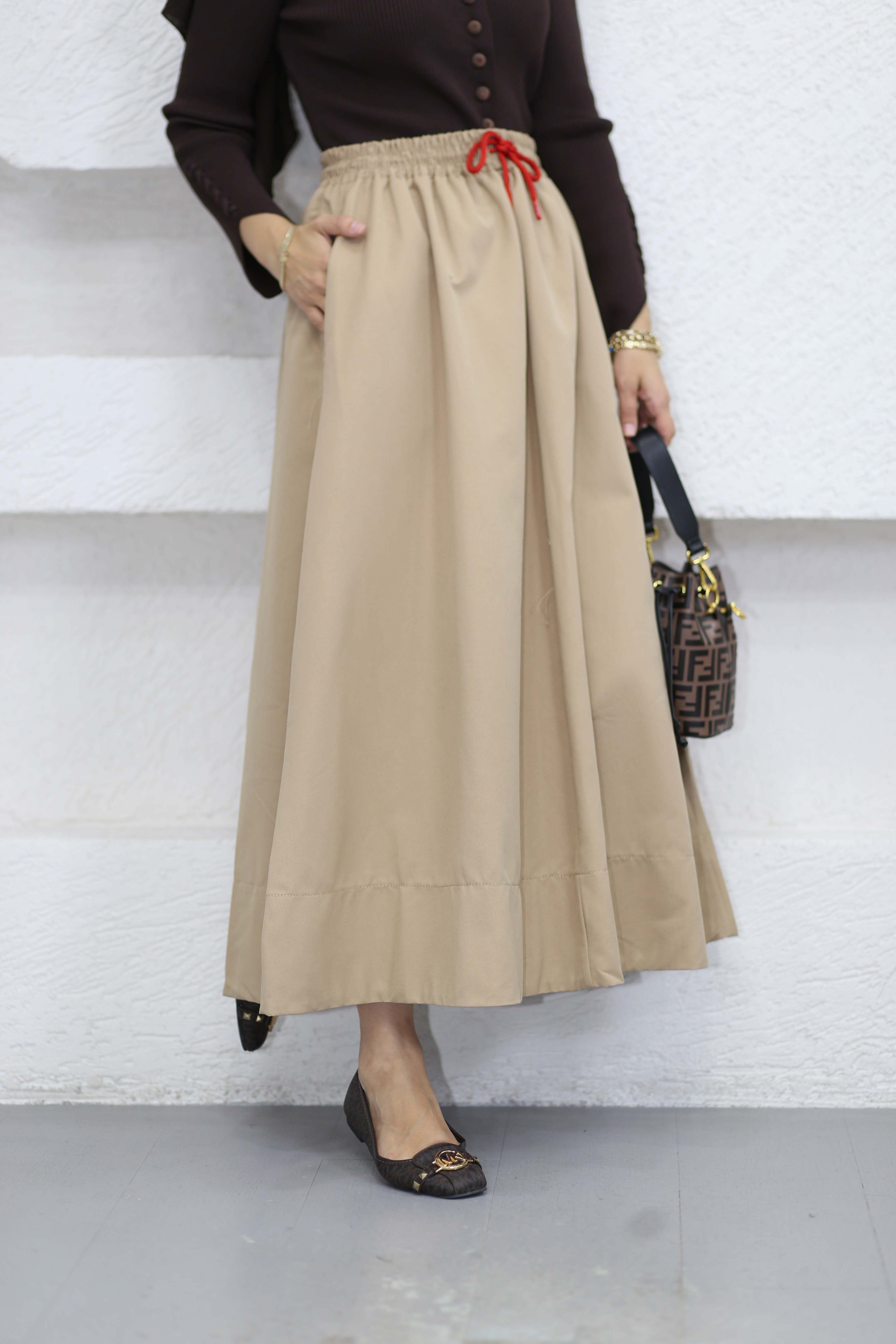 Beli Lastikli Gabardin Etek Bej 7014