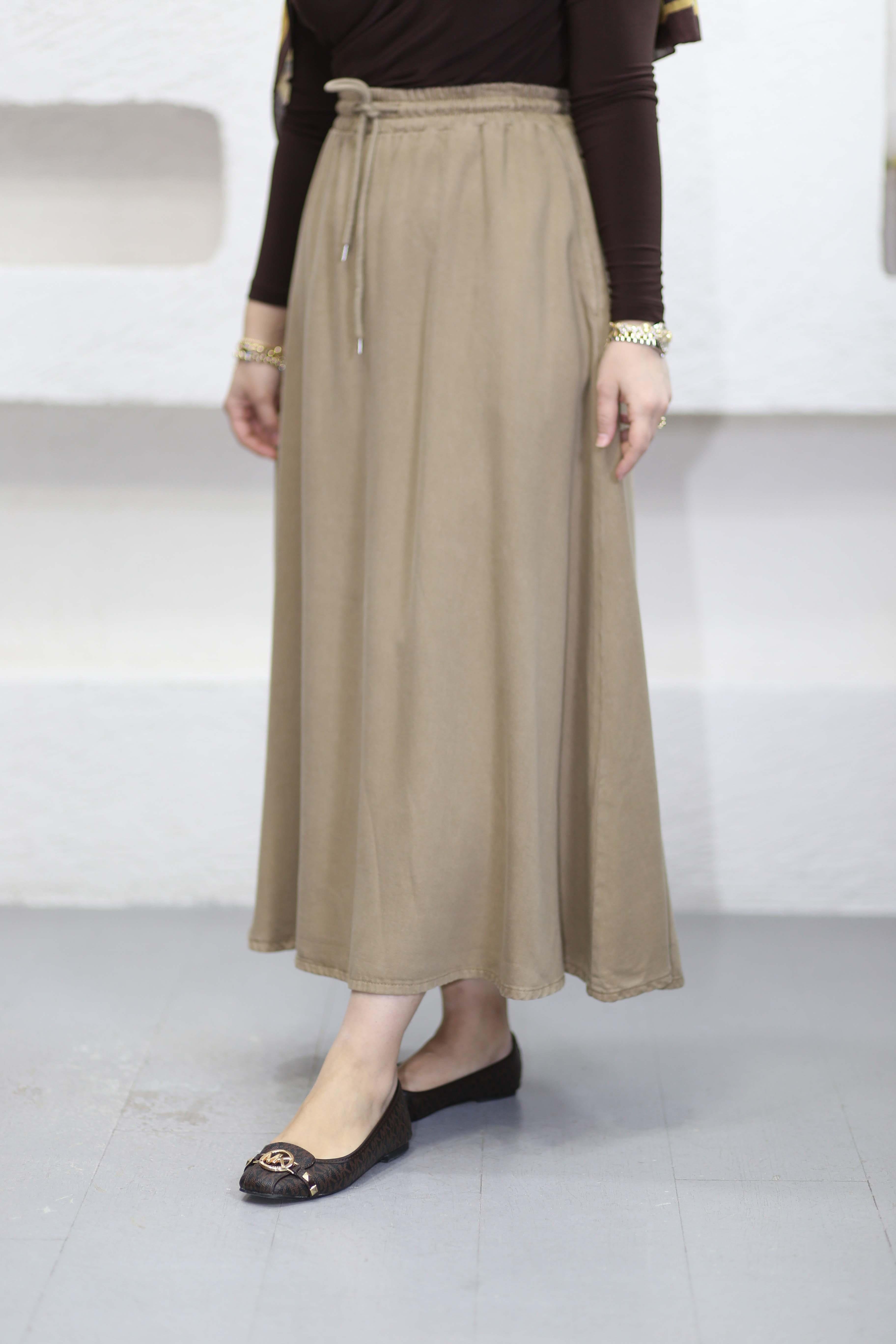 Beli Lastikli Tencel Etek Camel 3322