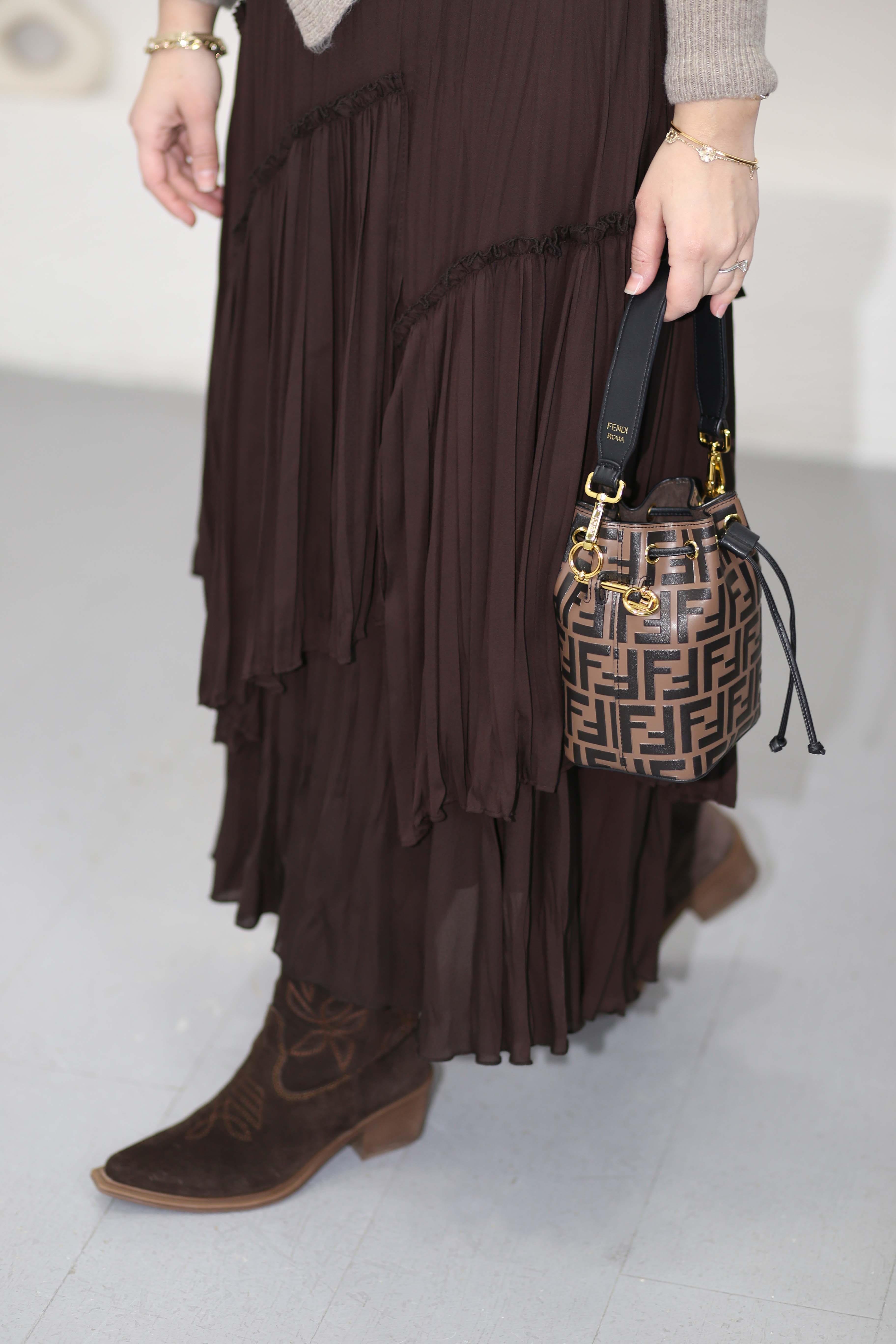 Katlı Şifon Etek Kahverengi 1477