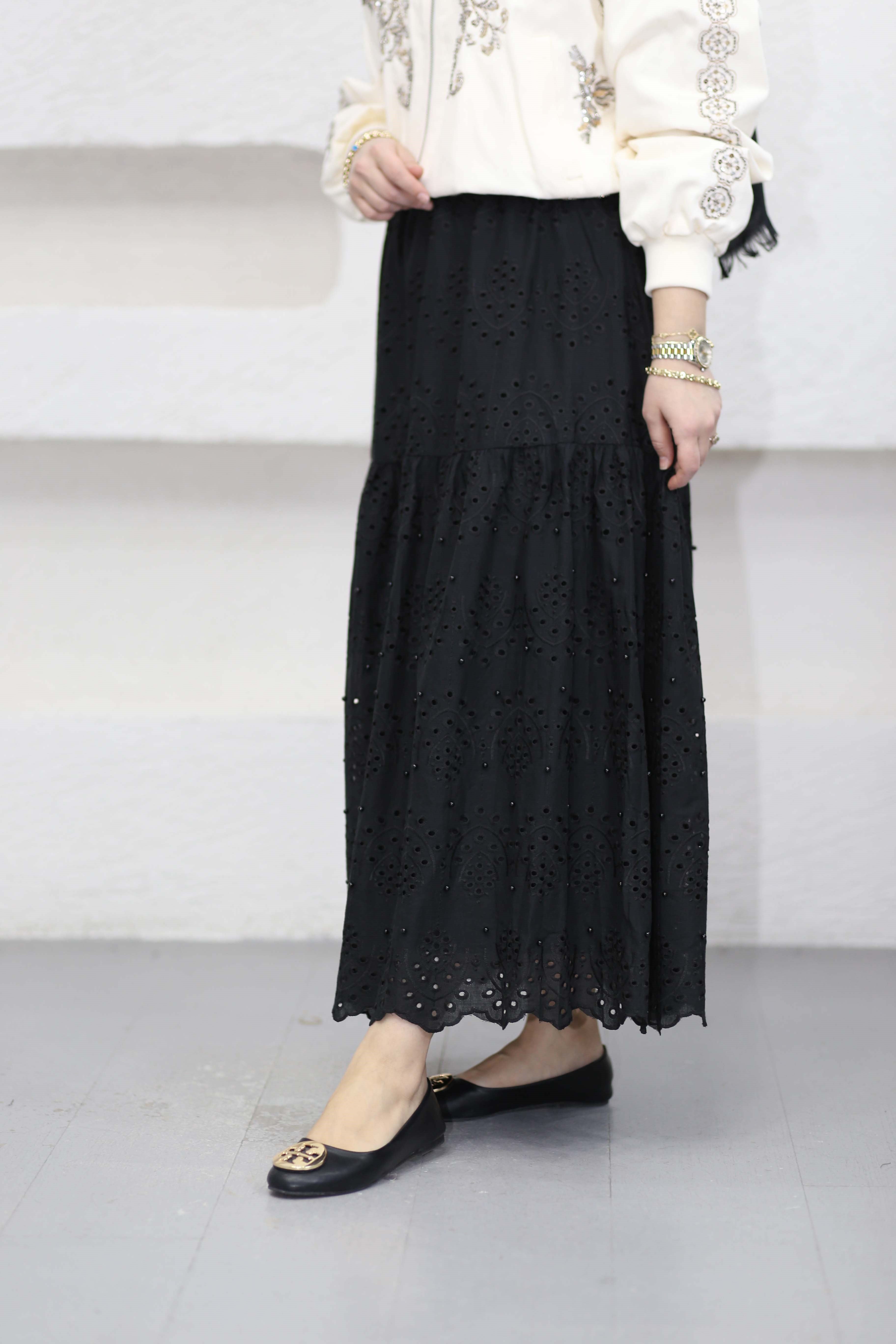 İnci Detaylı Güpür Etek Siyah 1395