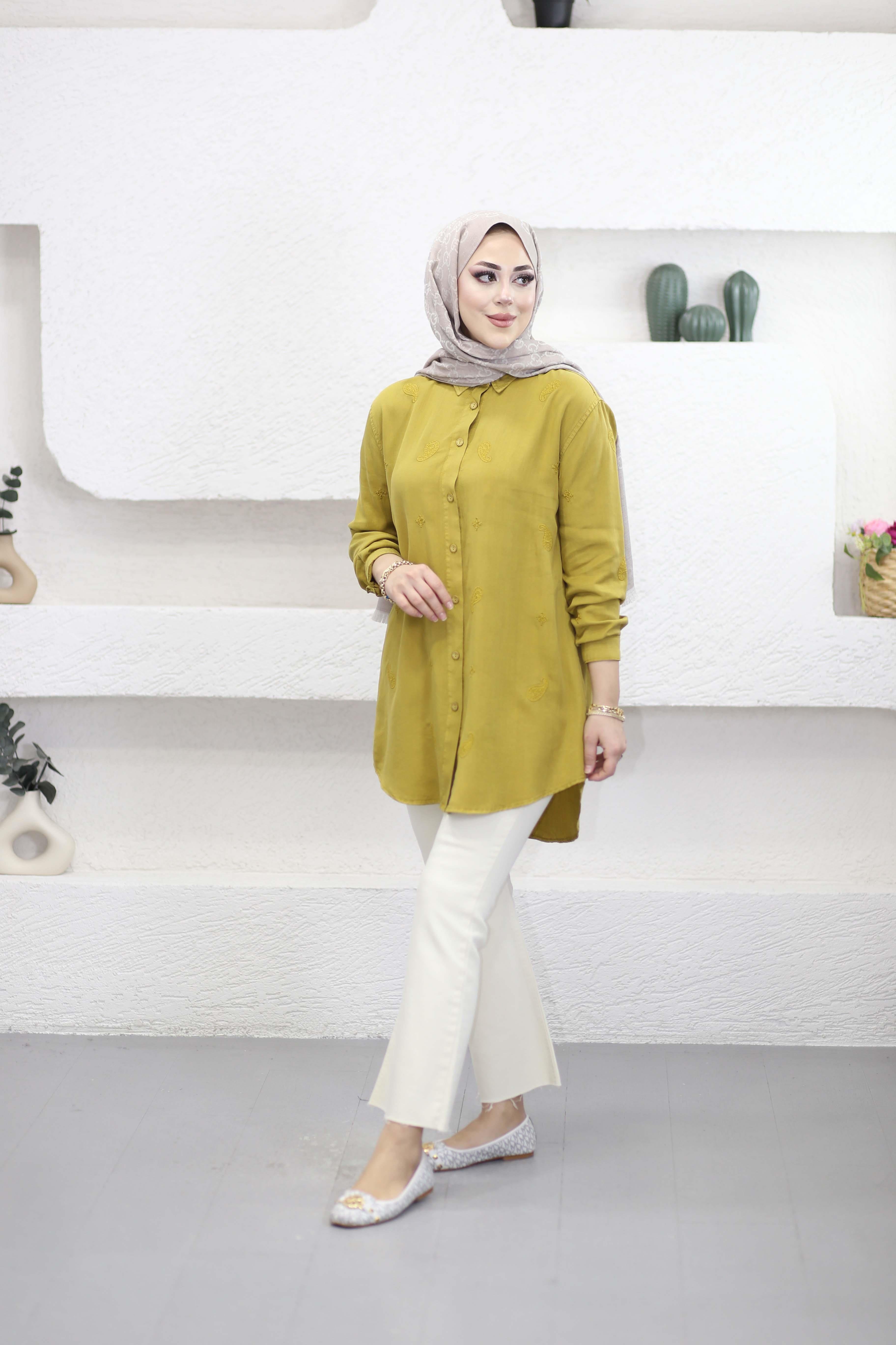 Mini Çiçek Tencel Gömlek Yağ Yeşili 7425