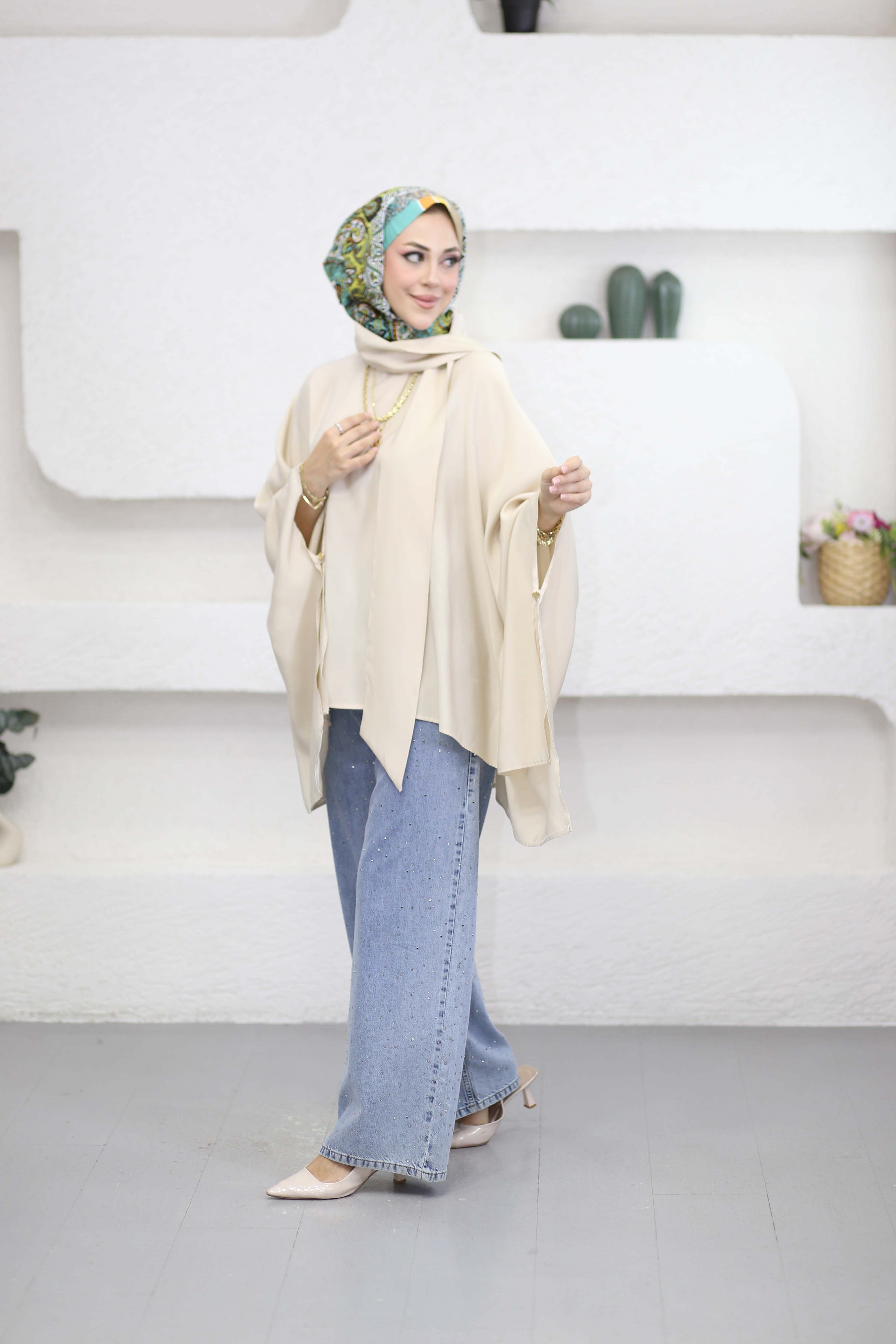 Yarasa Kol Şal Detaylı Bluz Bej 2268