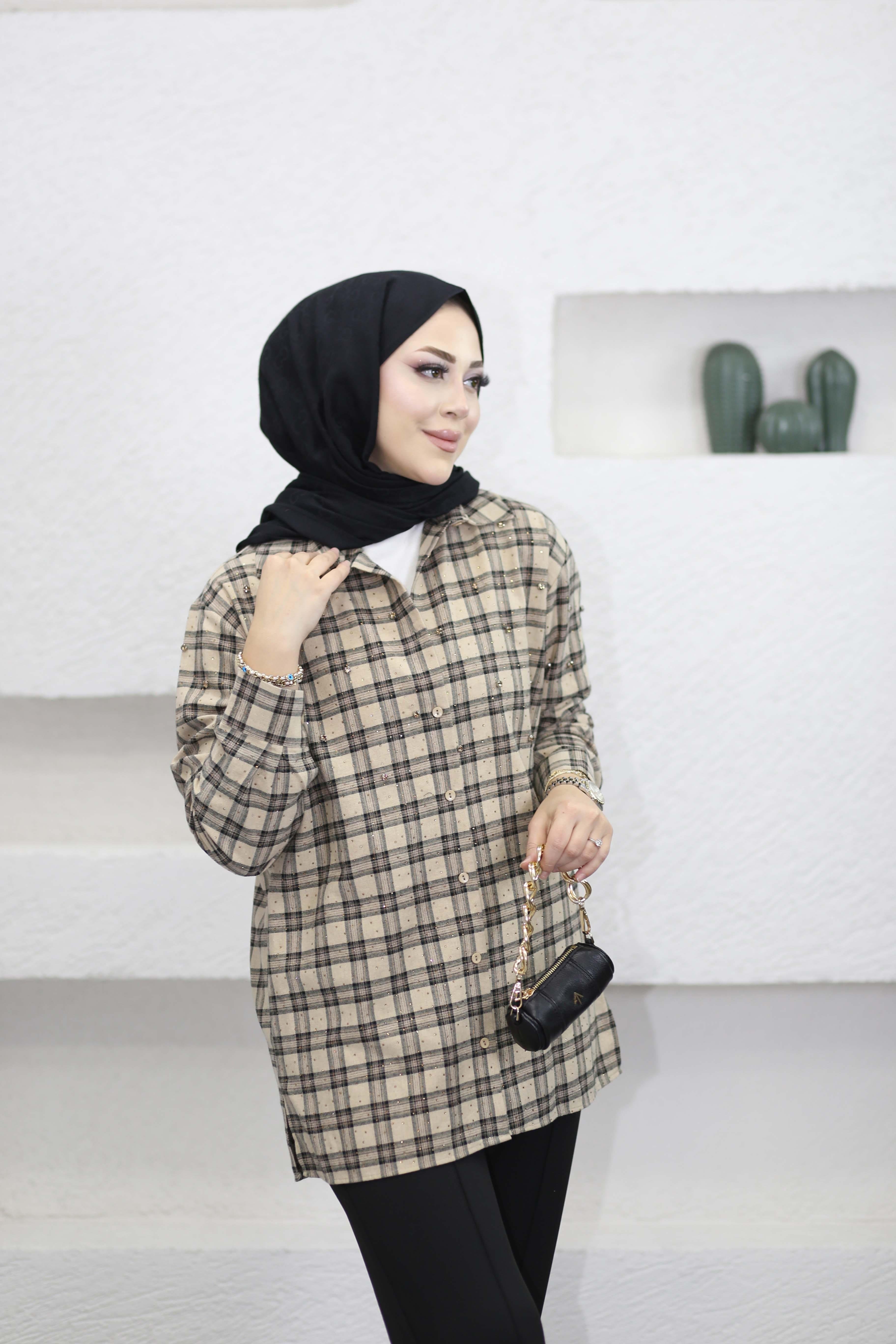 Taşlı Ekose Gömlek Bej 250355