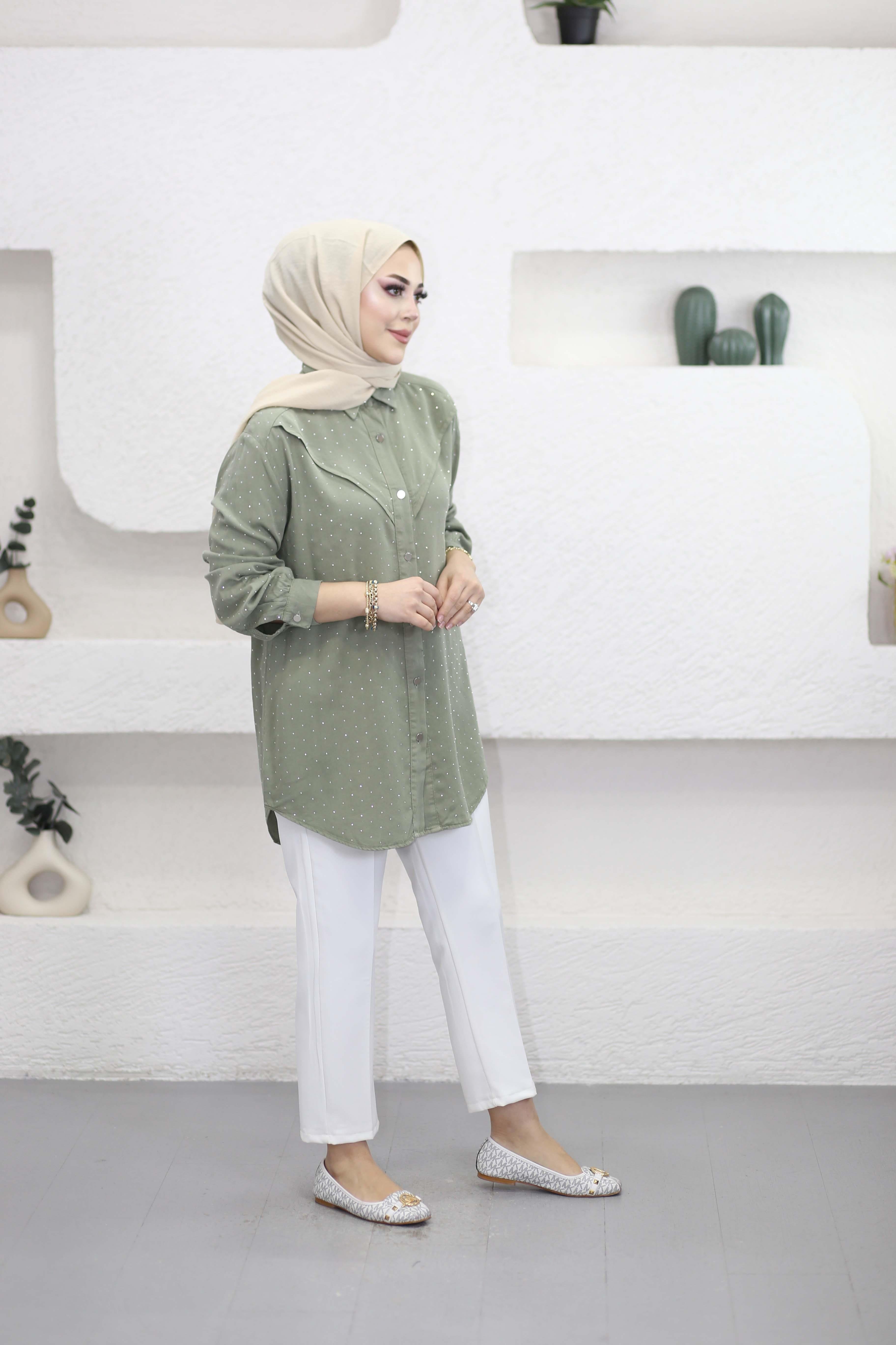 Taşlı Tencel Gömlek Çağla Yeşili 7421