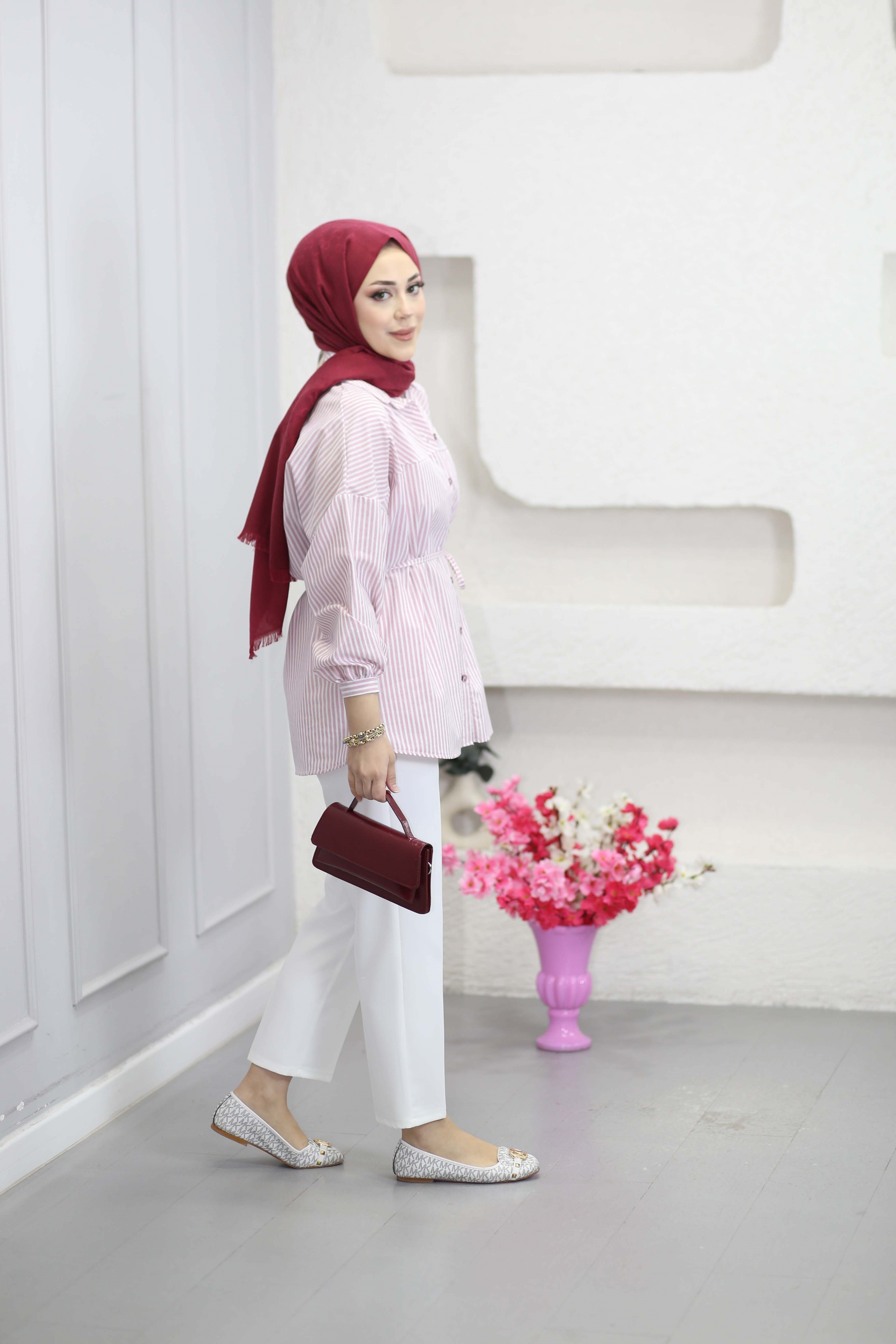 Kuşaklı Oversize Basıc Gömlek Pembe 6446