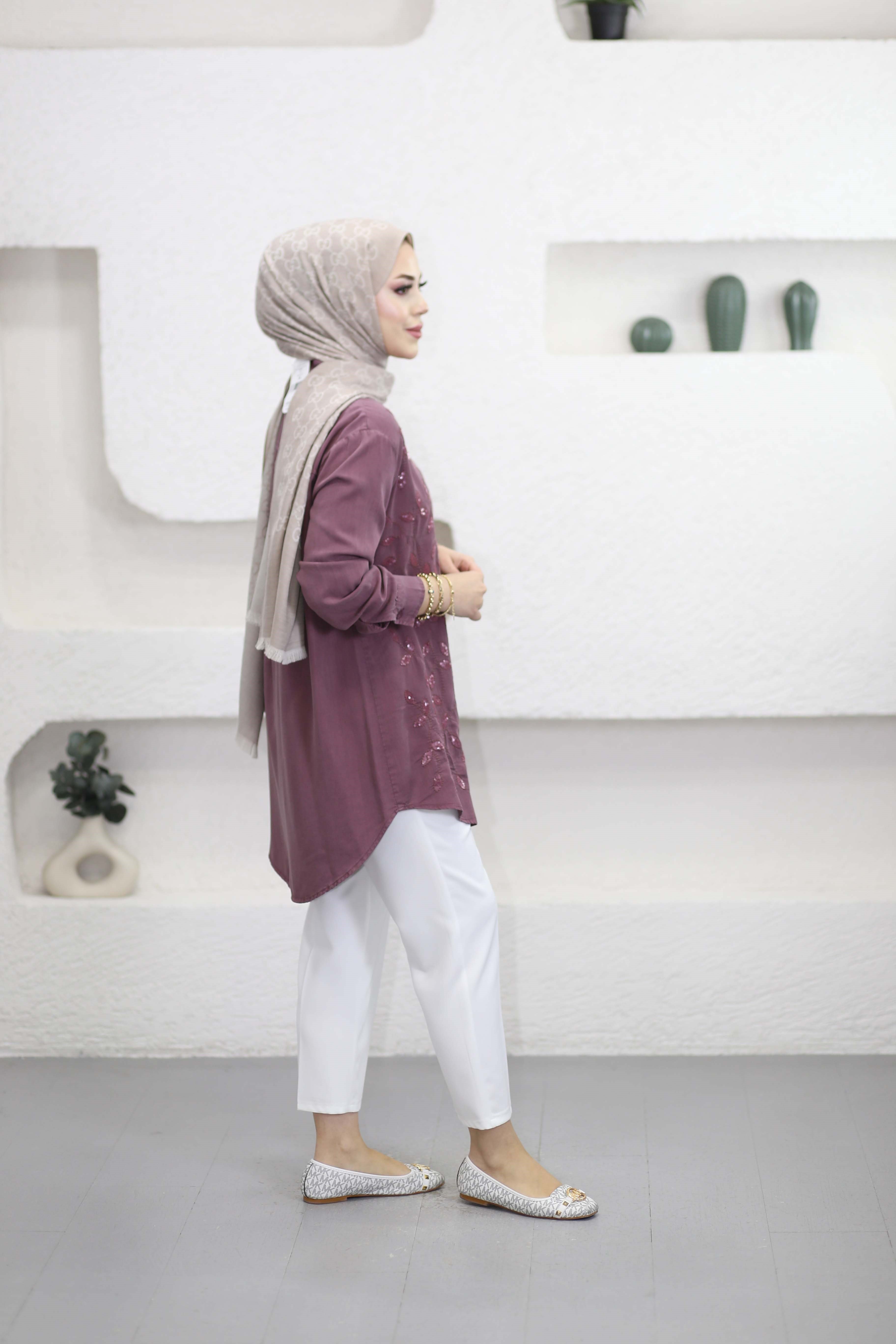 Yaprak İşlemeli Tencel Gömlek Gül Kurusu 7504
