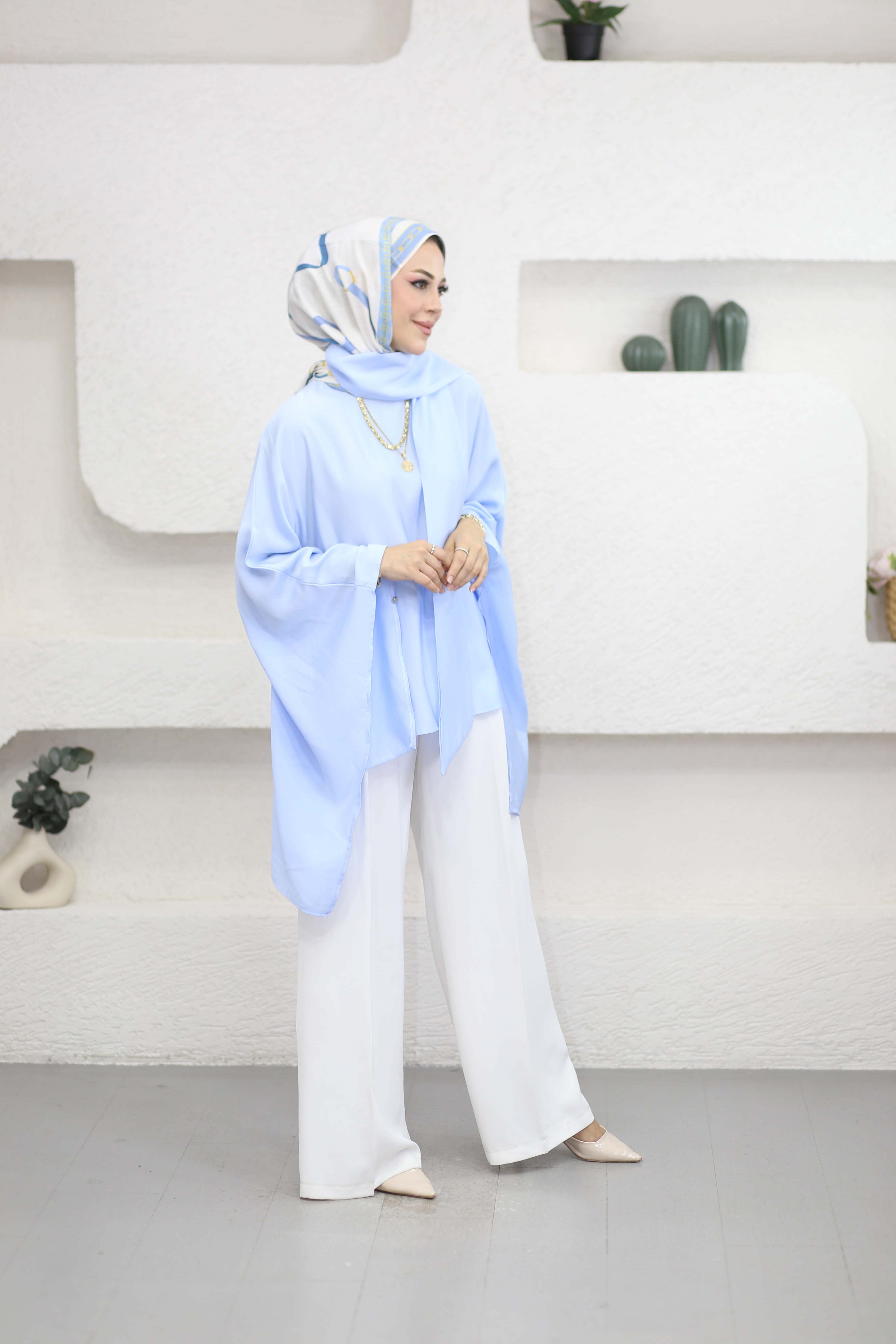 Yarasa Kol Şal Detaylı Bluz Mavi 2268