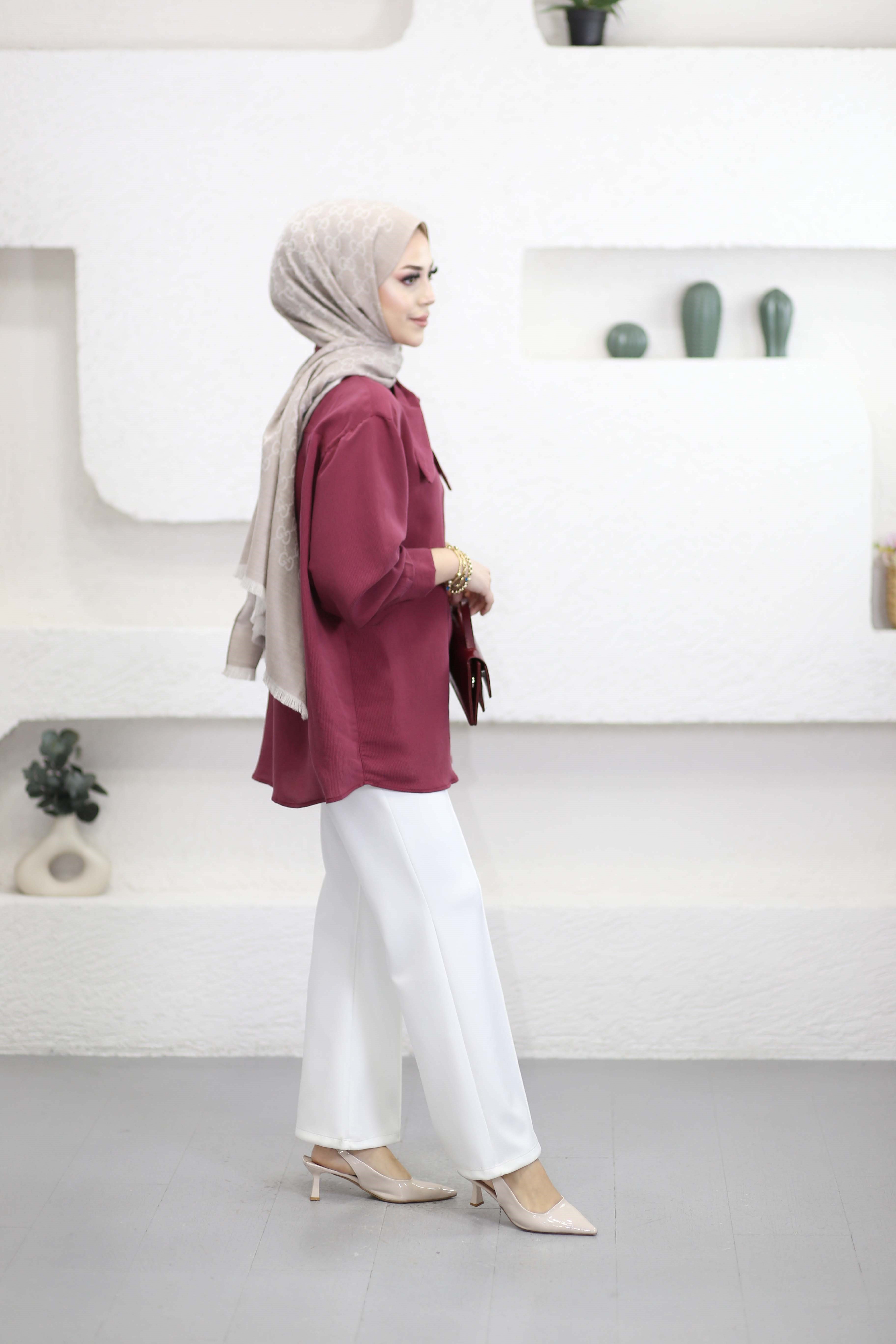 Yaka Bağlamalı Çizgili Gömlek Bordo 2130