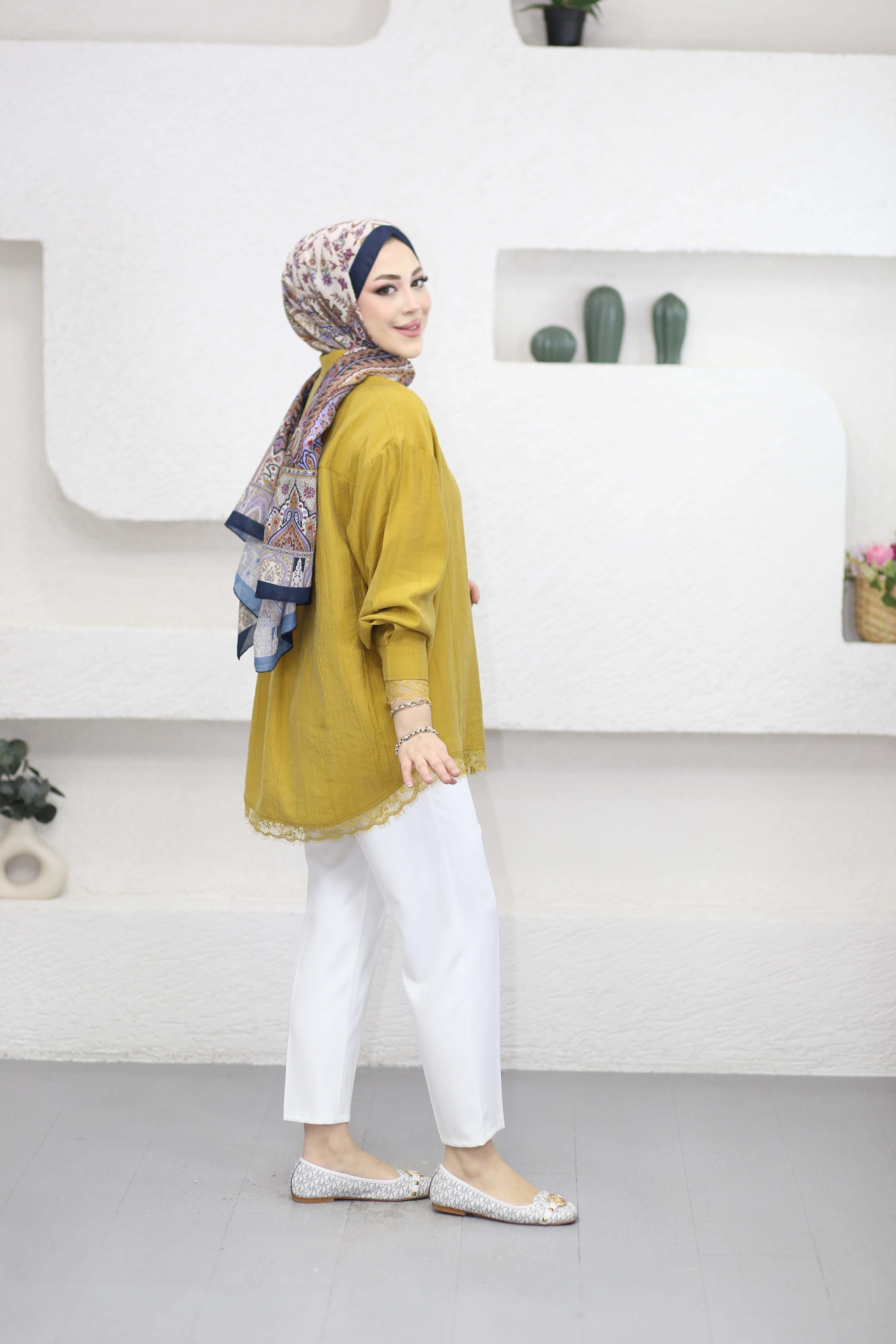 Dantel Detaylı Gömlek Hardal 5794