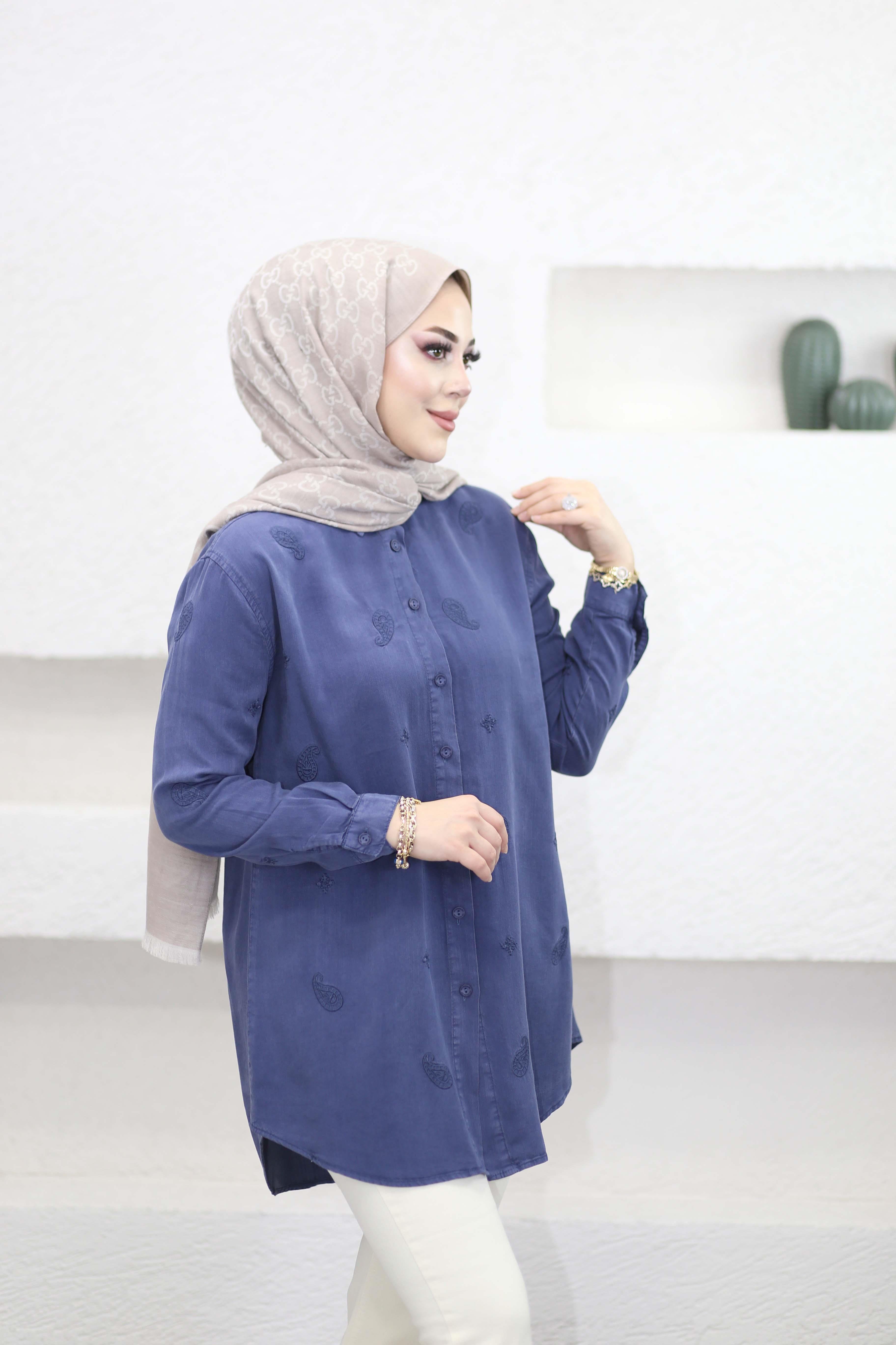 Mini Çiçek Tencel Gömlek İndigo 7425