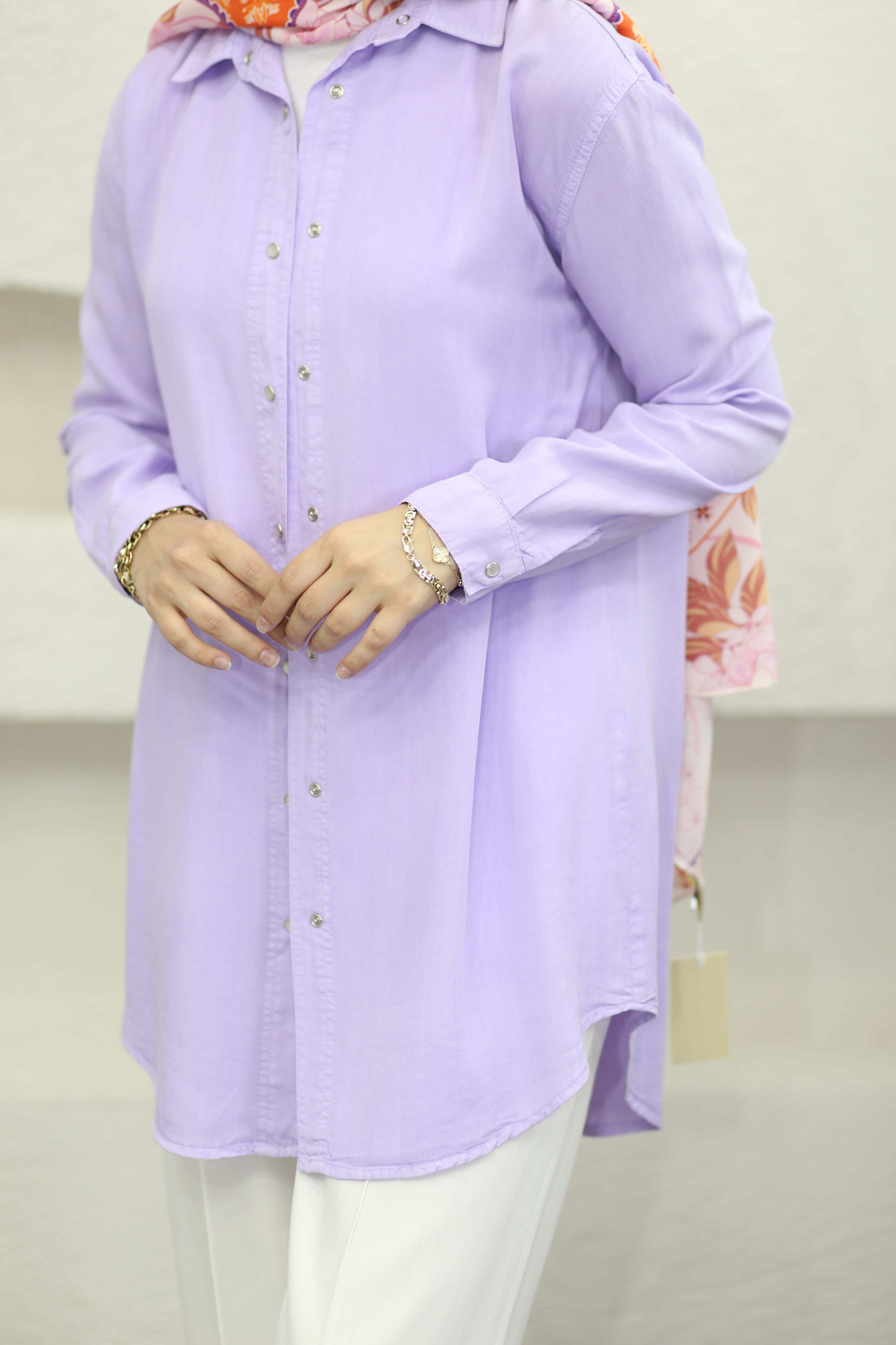 Çıtçıtlı Tencel Gömlek Lila 7546