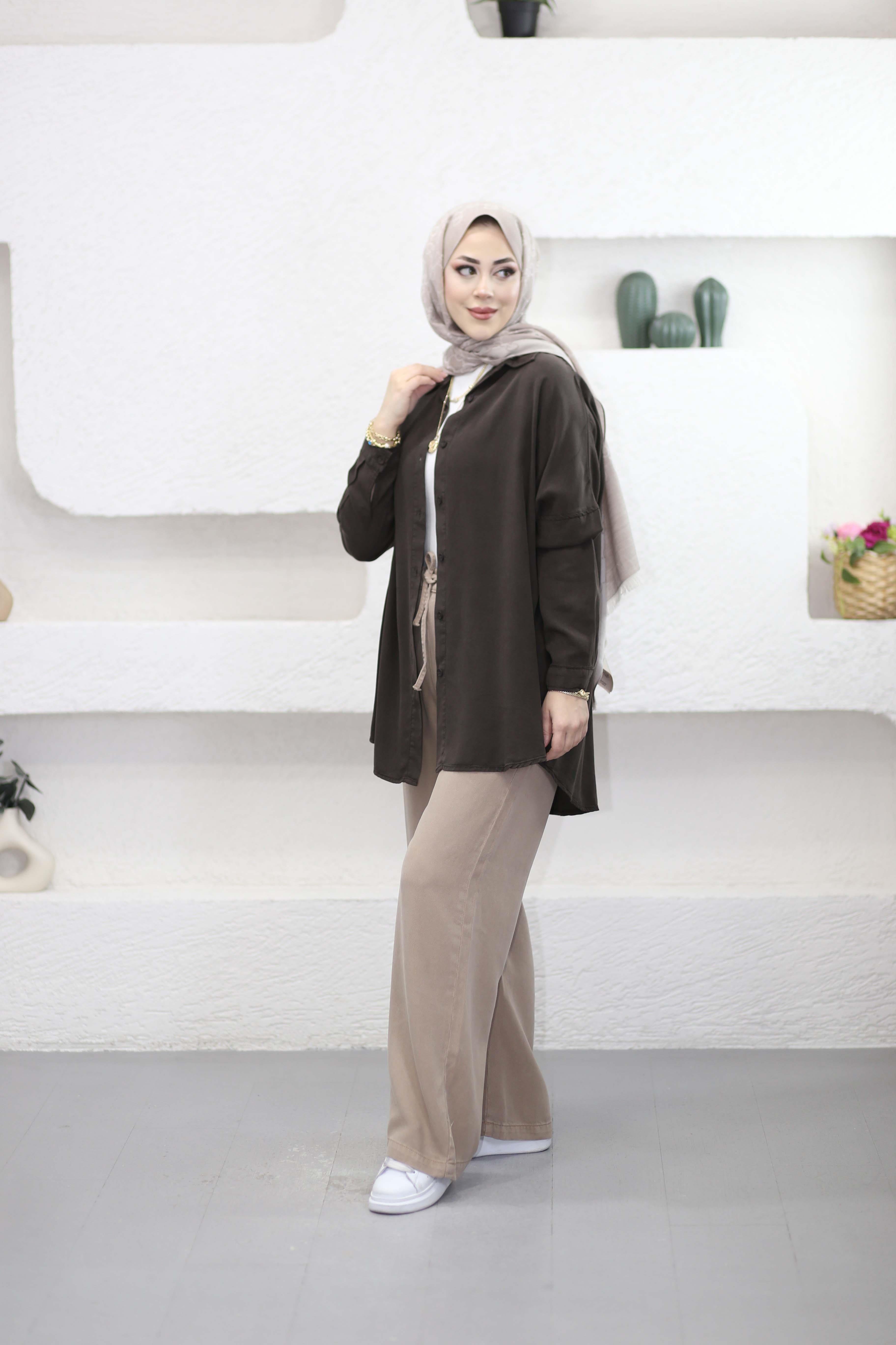 Oversize Tencel Gömlek Kahverengi 7351