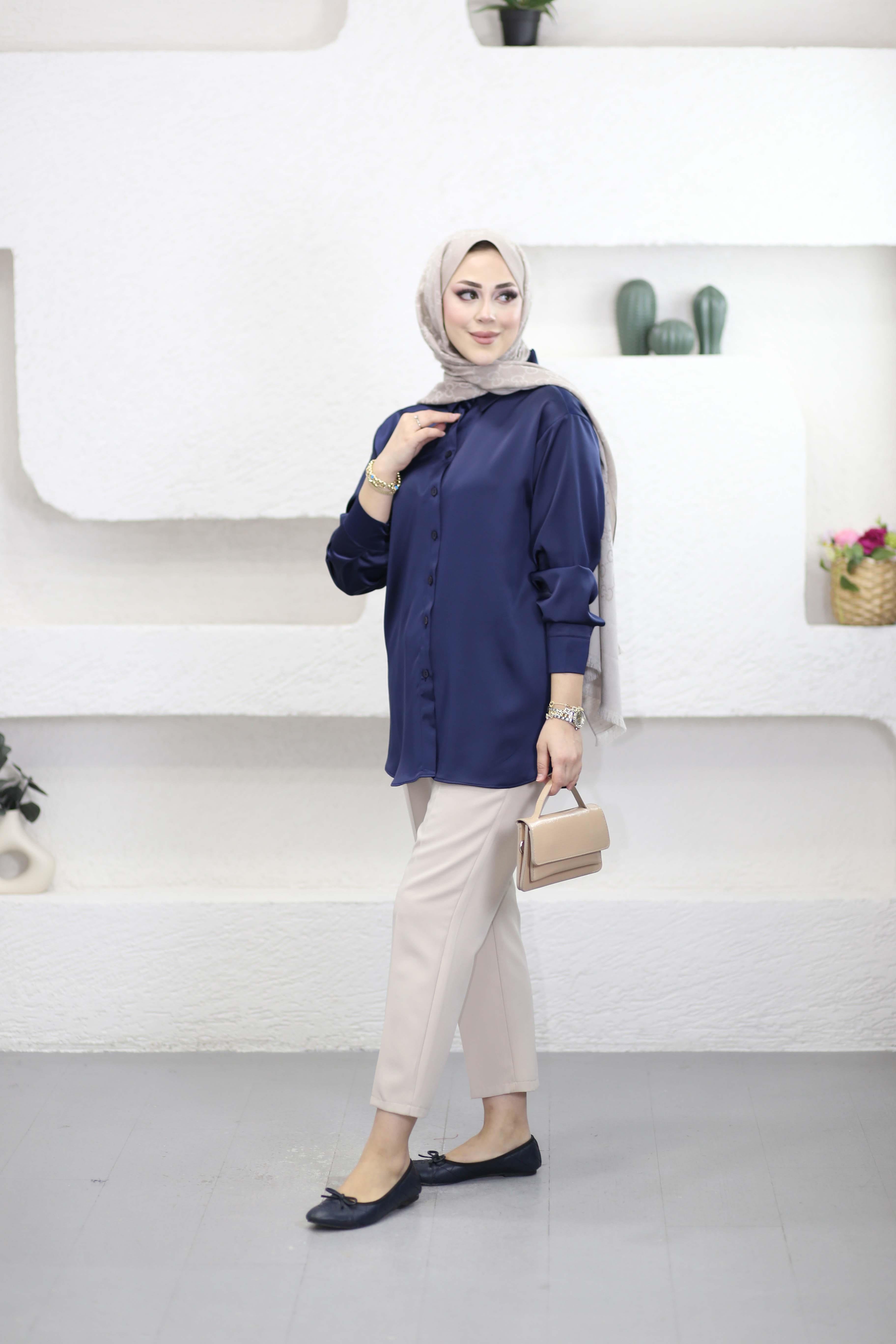 Oversize Saten Gömlek Lacivert 2749