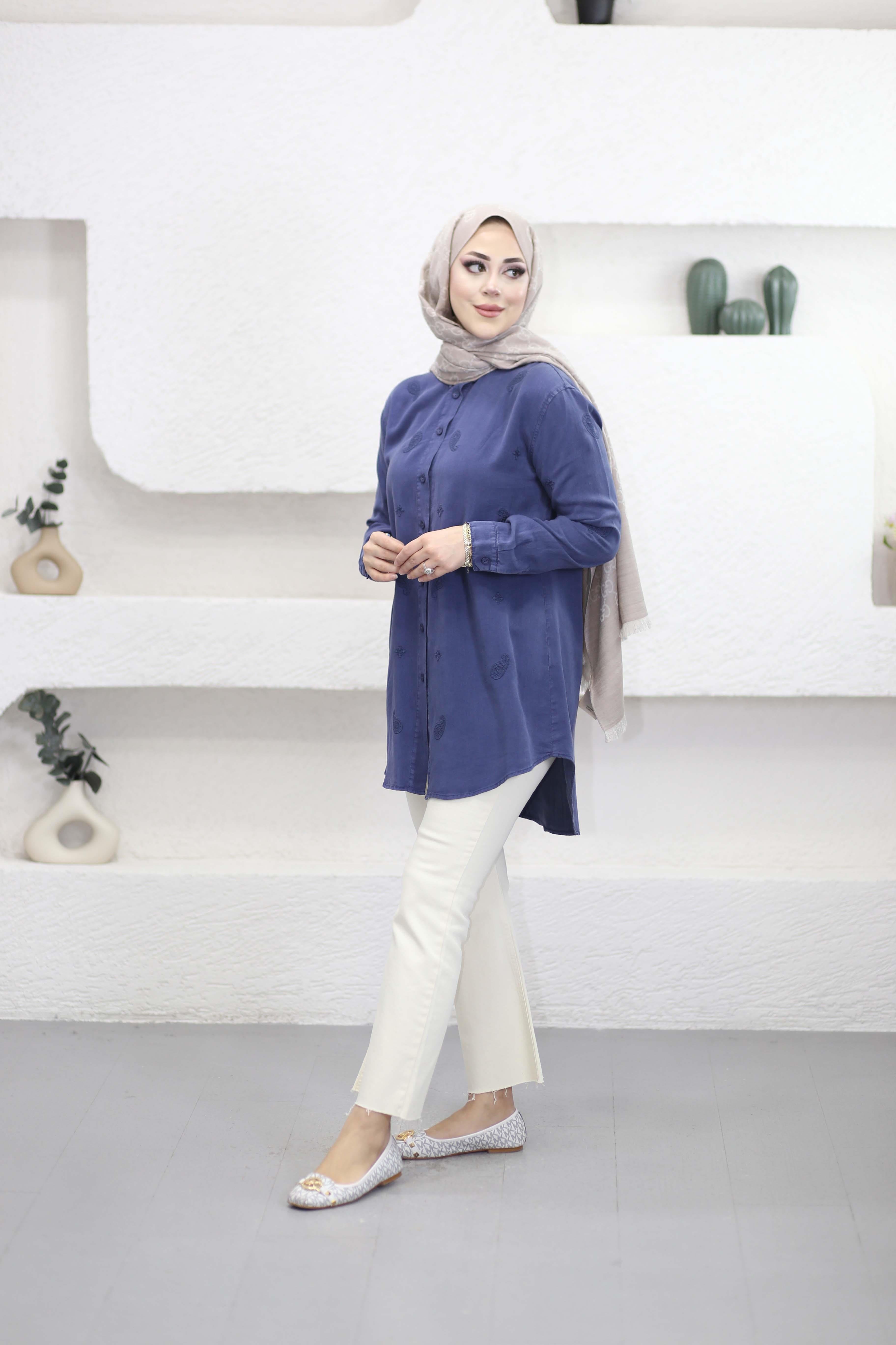 Mini Çiçek Tencel Gömlek İndigo 7425