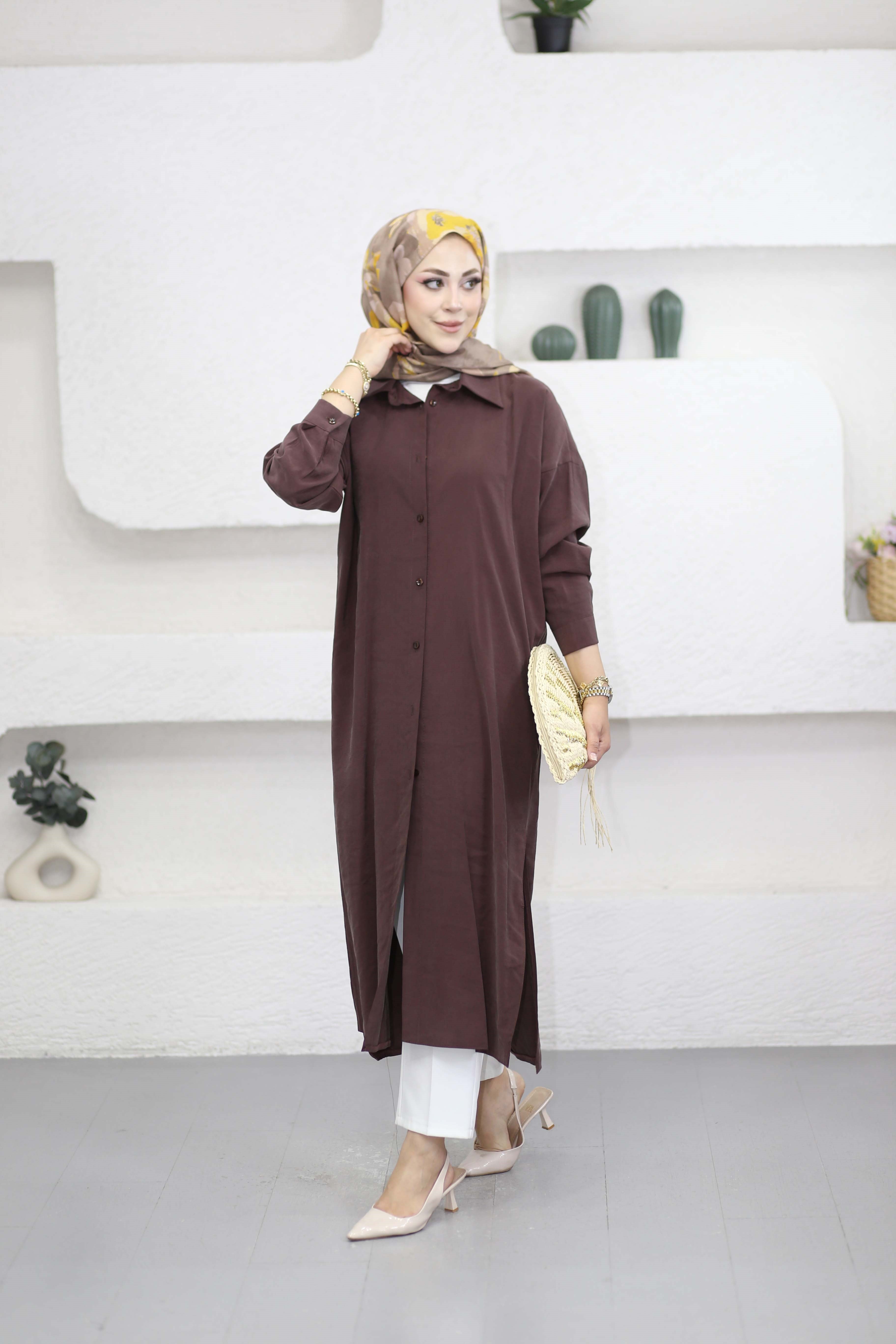 Yırtmaçlı Tam Boy Tunik Kahverengi 2760