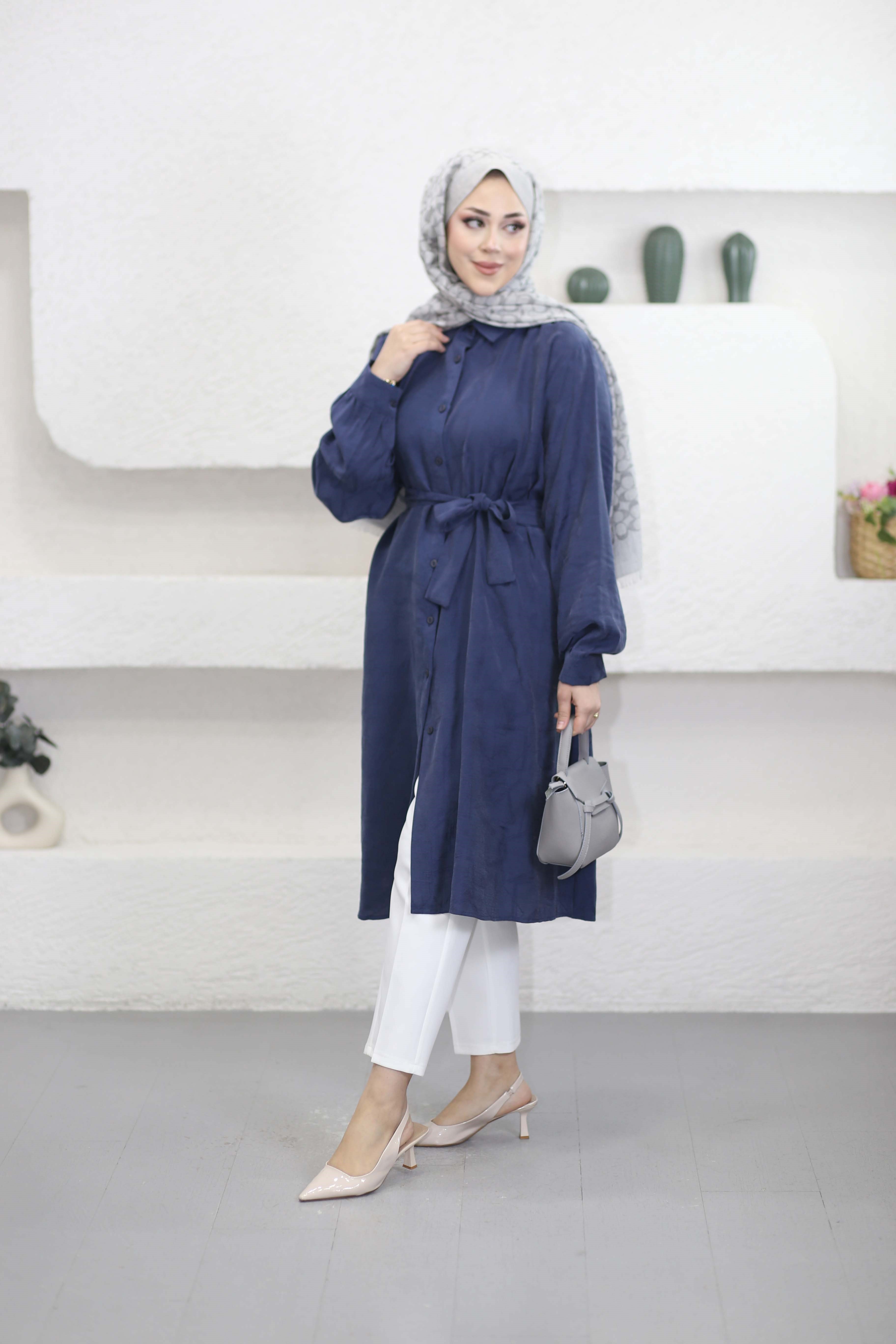 Kendinden Desenli Araboy Tunik Lacivert 4657