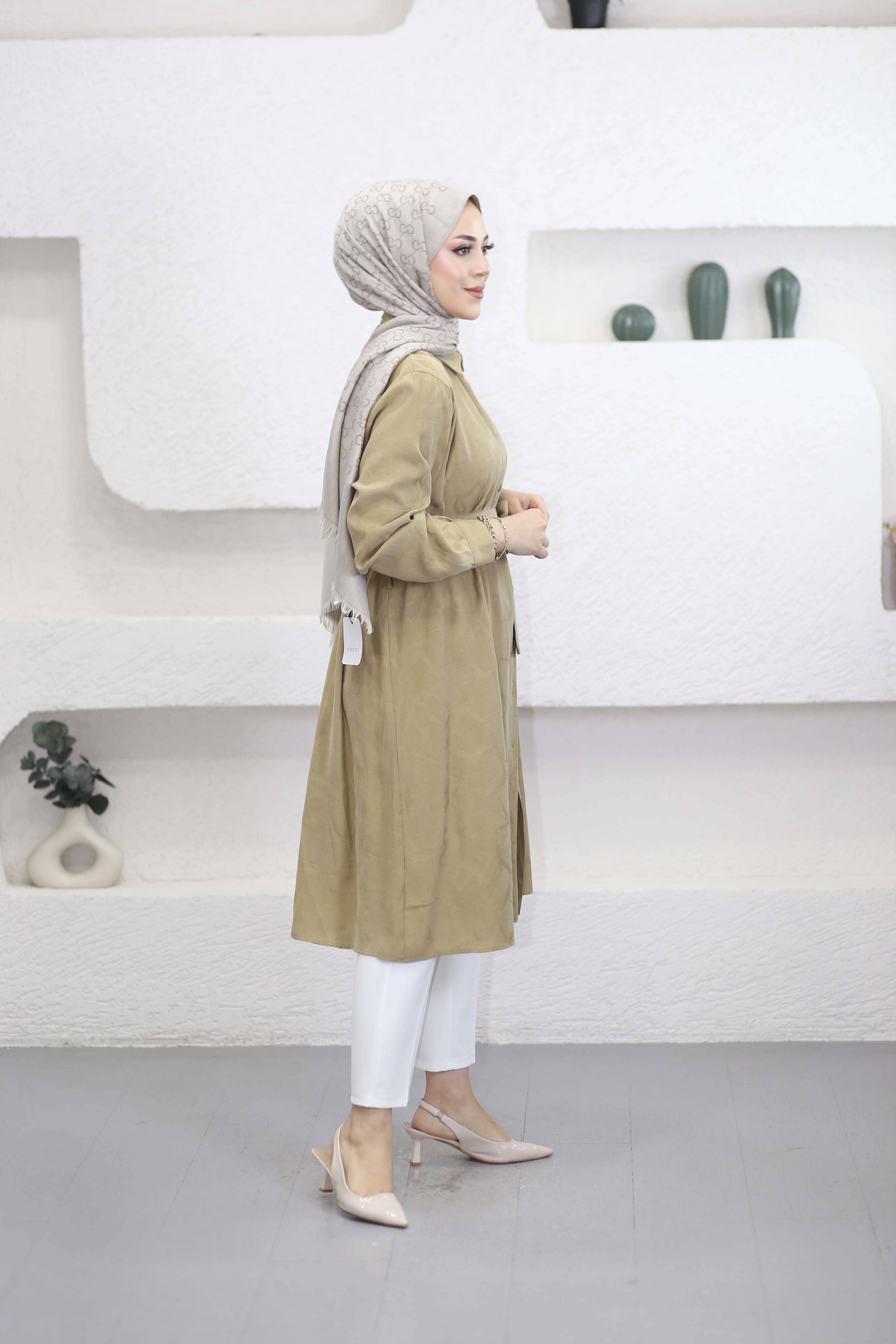 Kendinden Desenli Araboy Tunik Olivie 4657