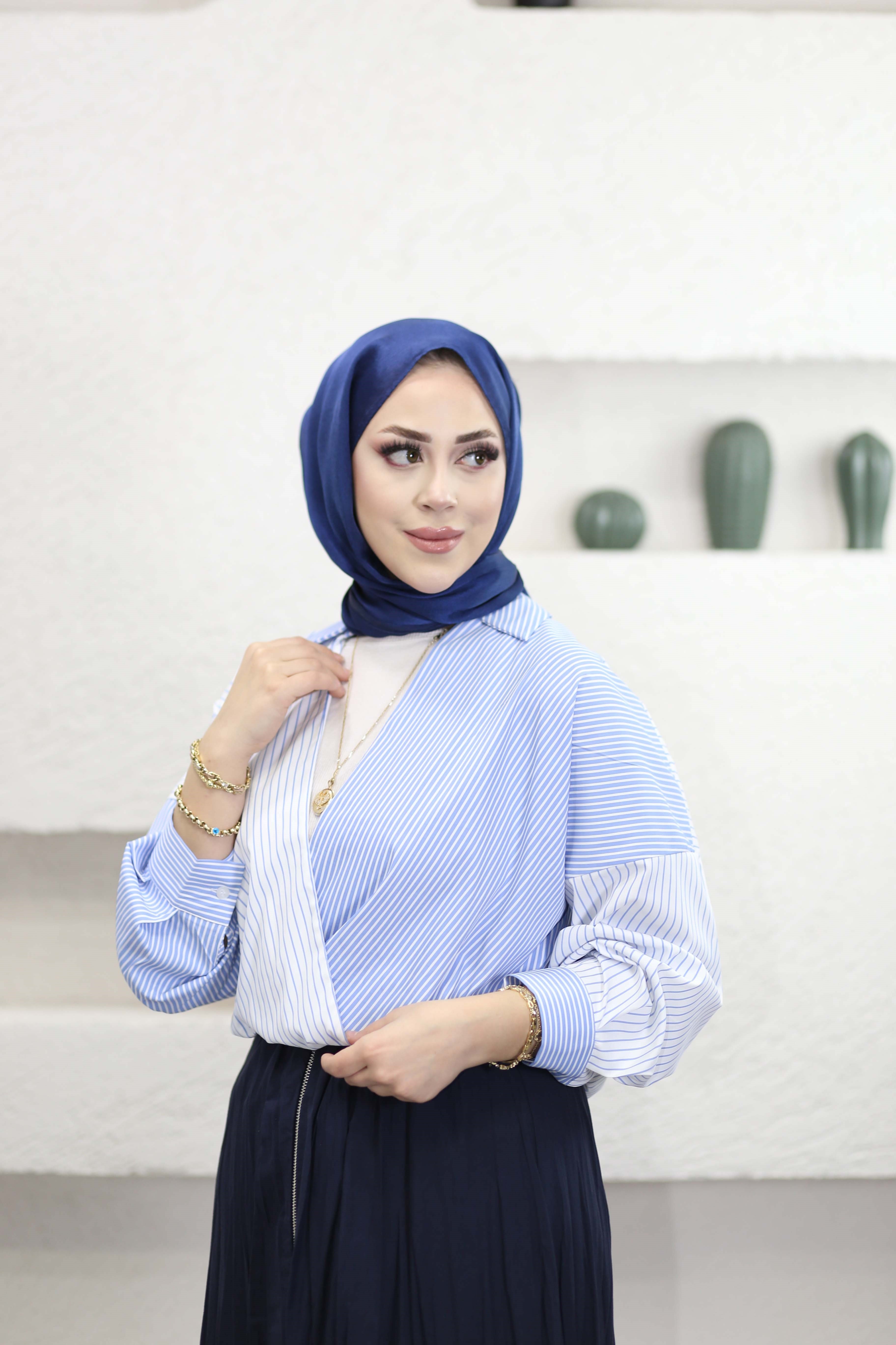 Çizgili Patchwork Gömlek Mavi 3132