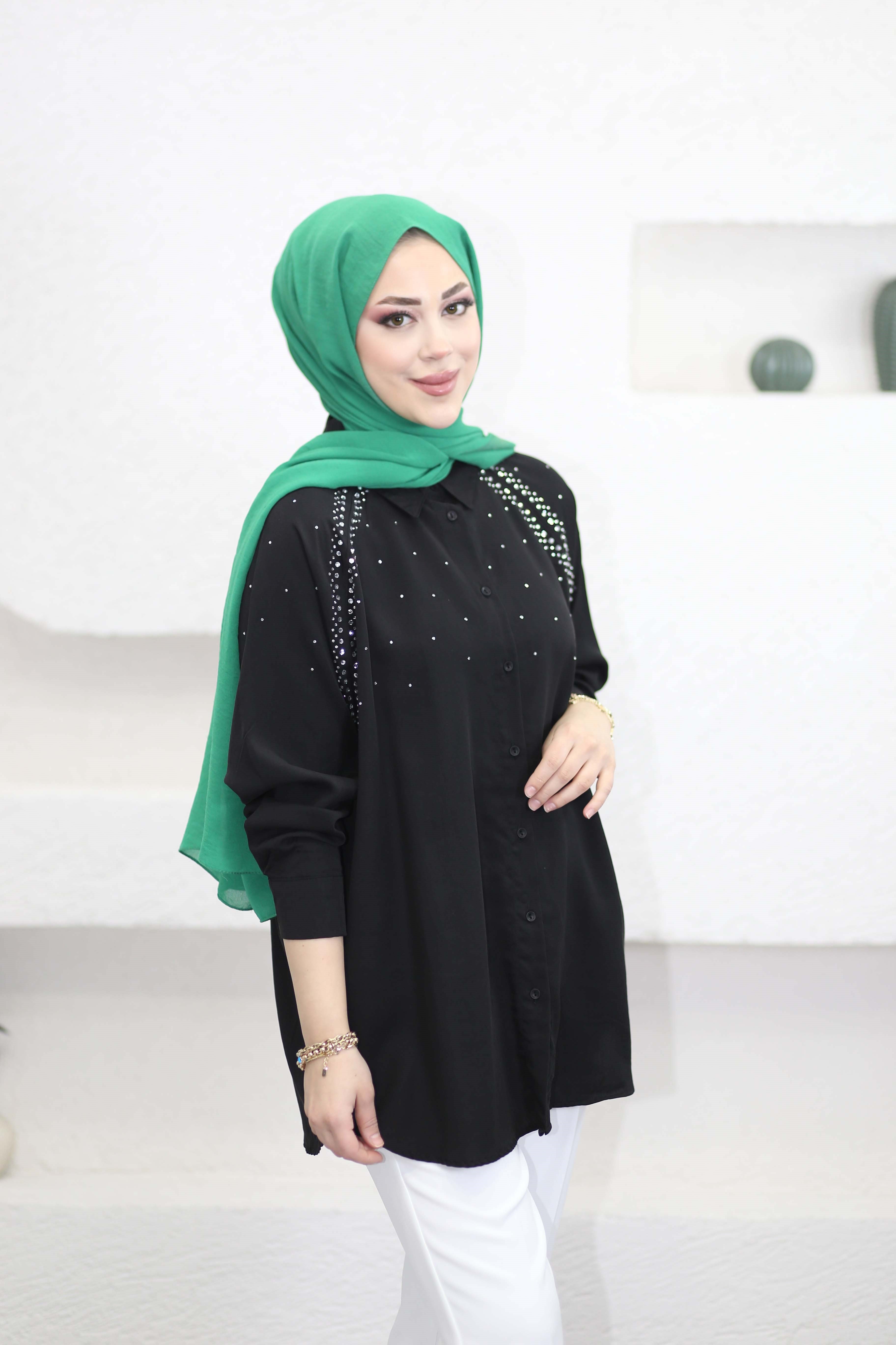 Reglan Taş Detaylı Gömlek Siyah 3347