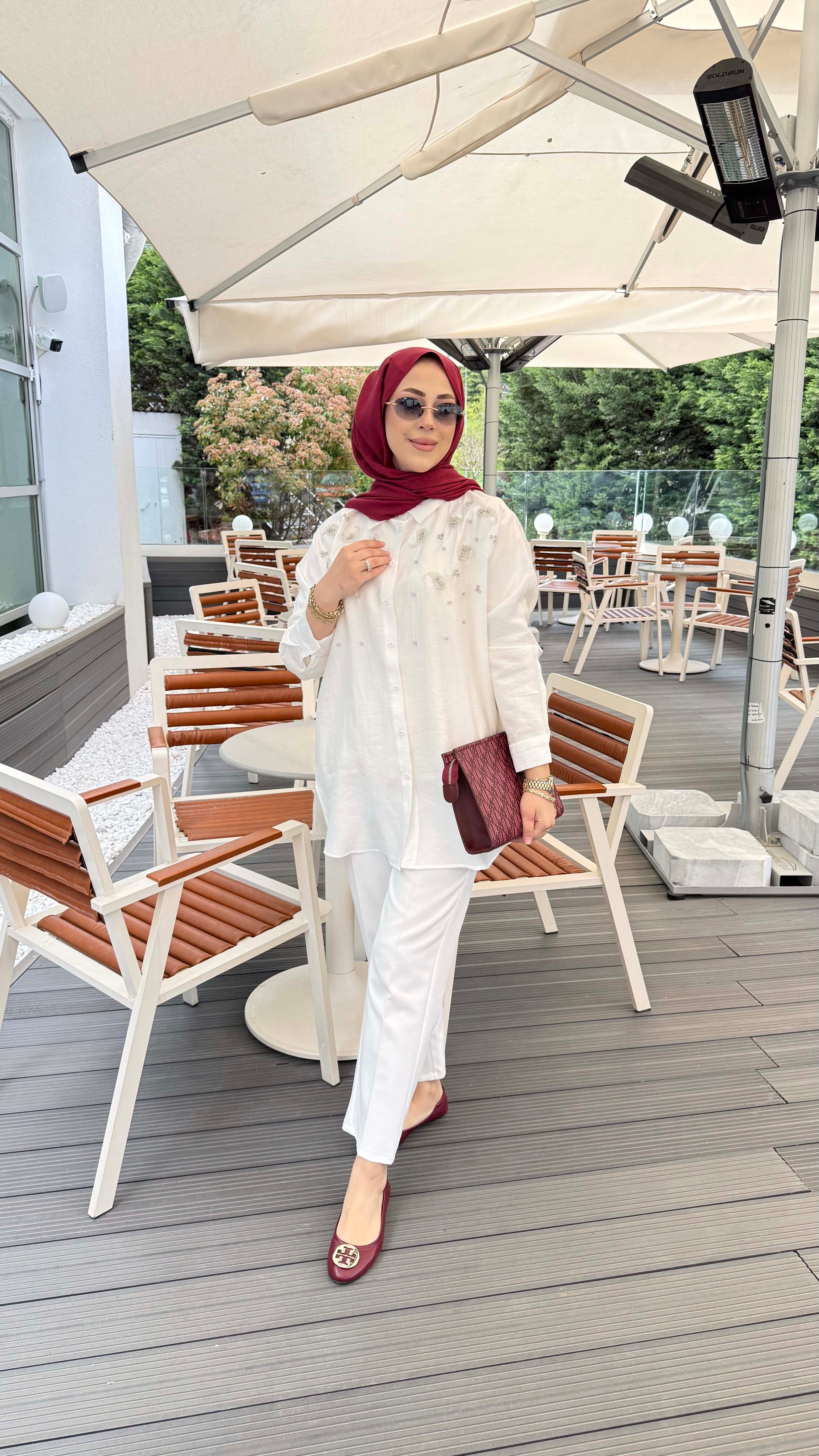 Taş İşleme Detaylı Gömlek Beyaz 3387