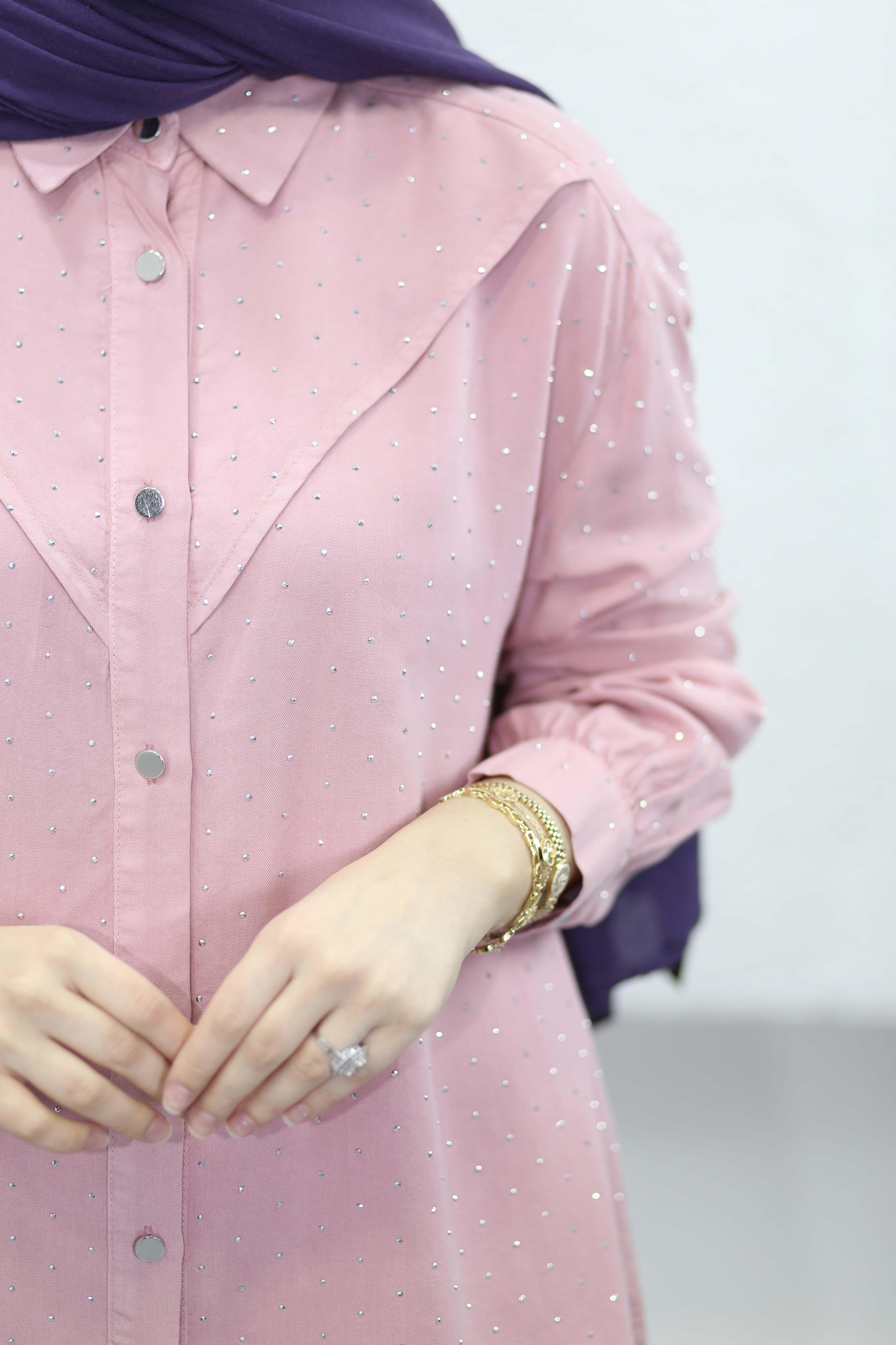 Taşlı Tencel Gömlek Pembe 7421