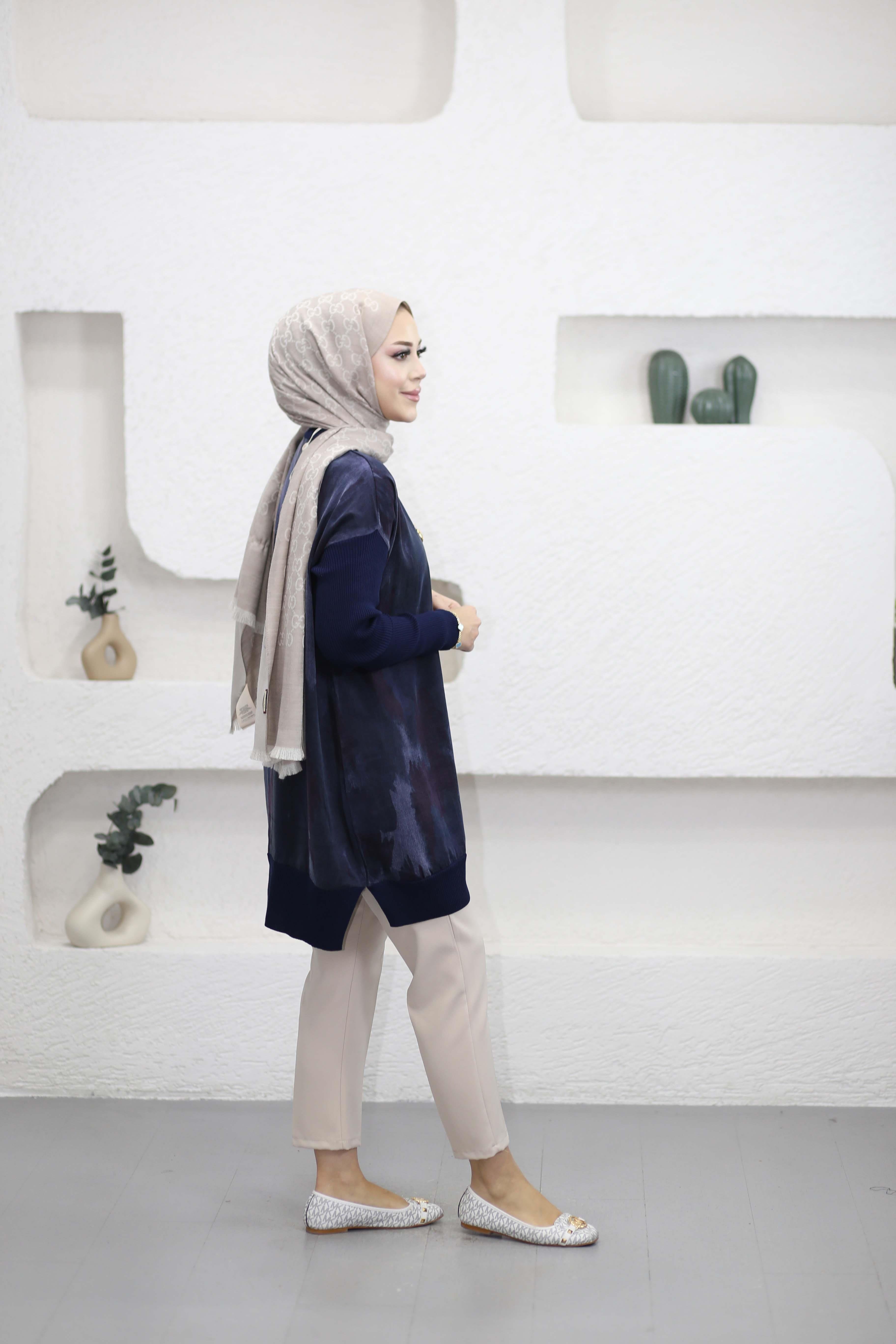 Triko Kollu Desenli Tunik Lacivert 281