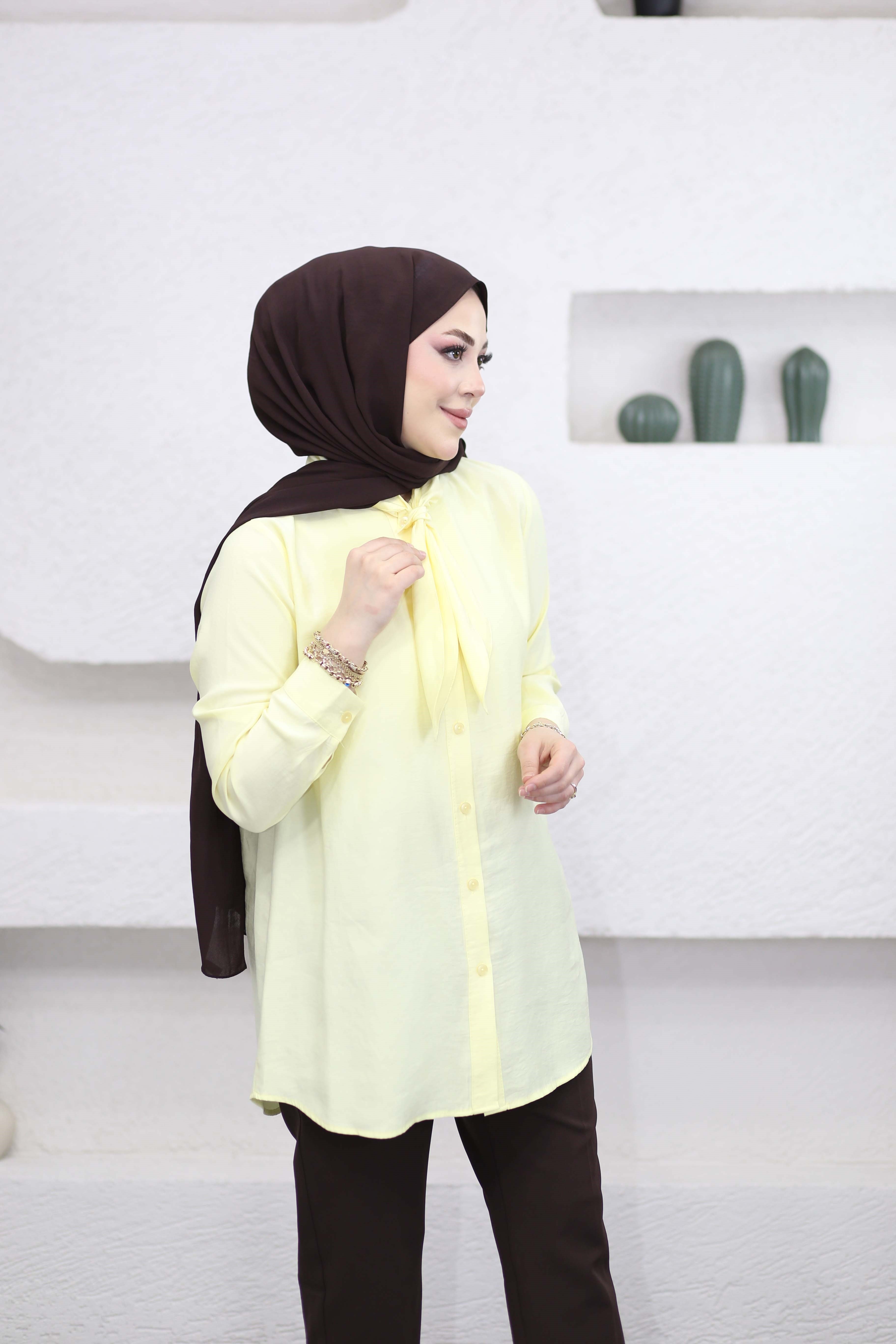 Yakası Fularlı Modal Tunik Sarı 2145