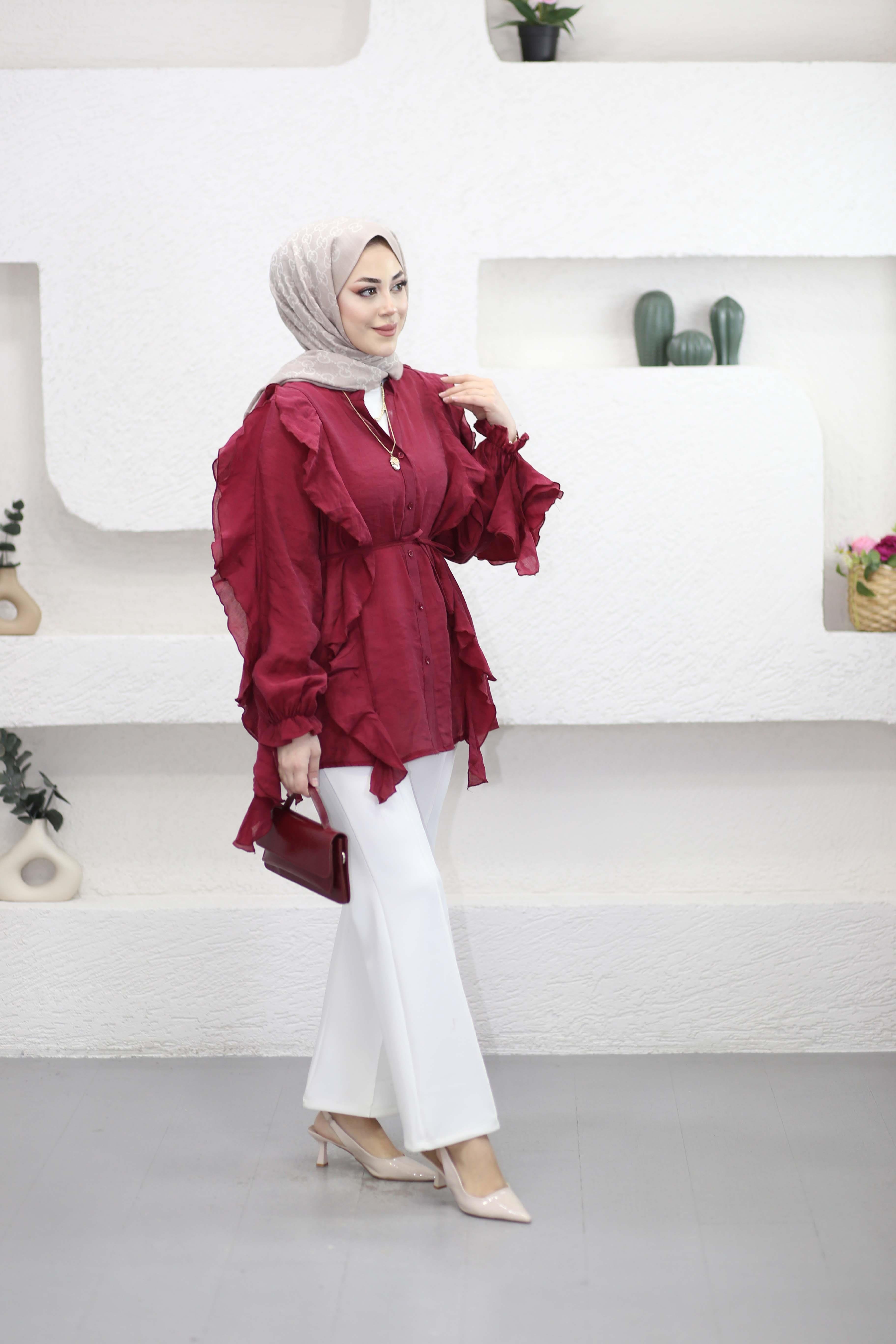Volan Detaylı Gömlek Bordo 3240
