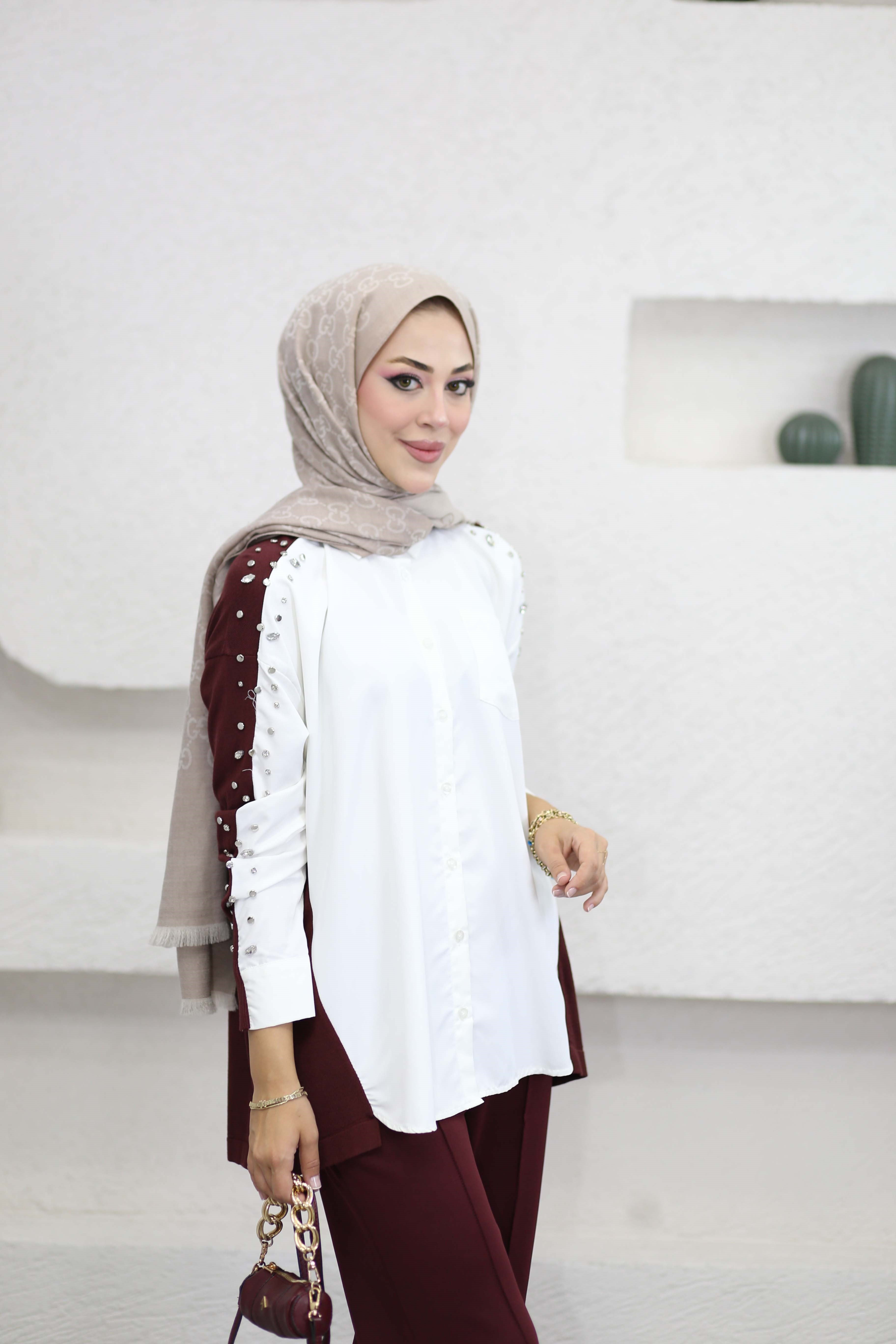 Kolu Taş Zımbalı Gömlek Bordo 26256