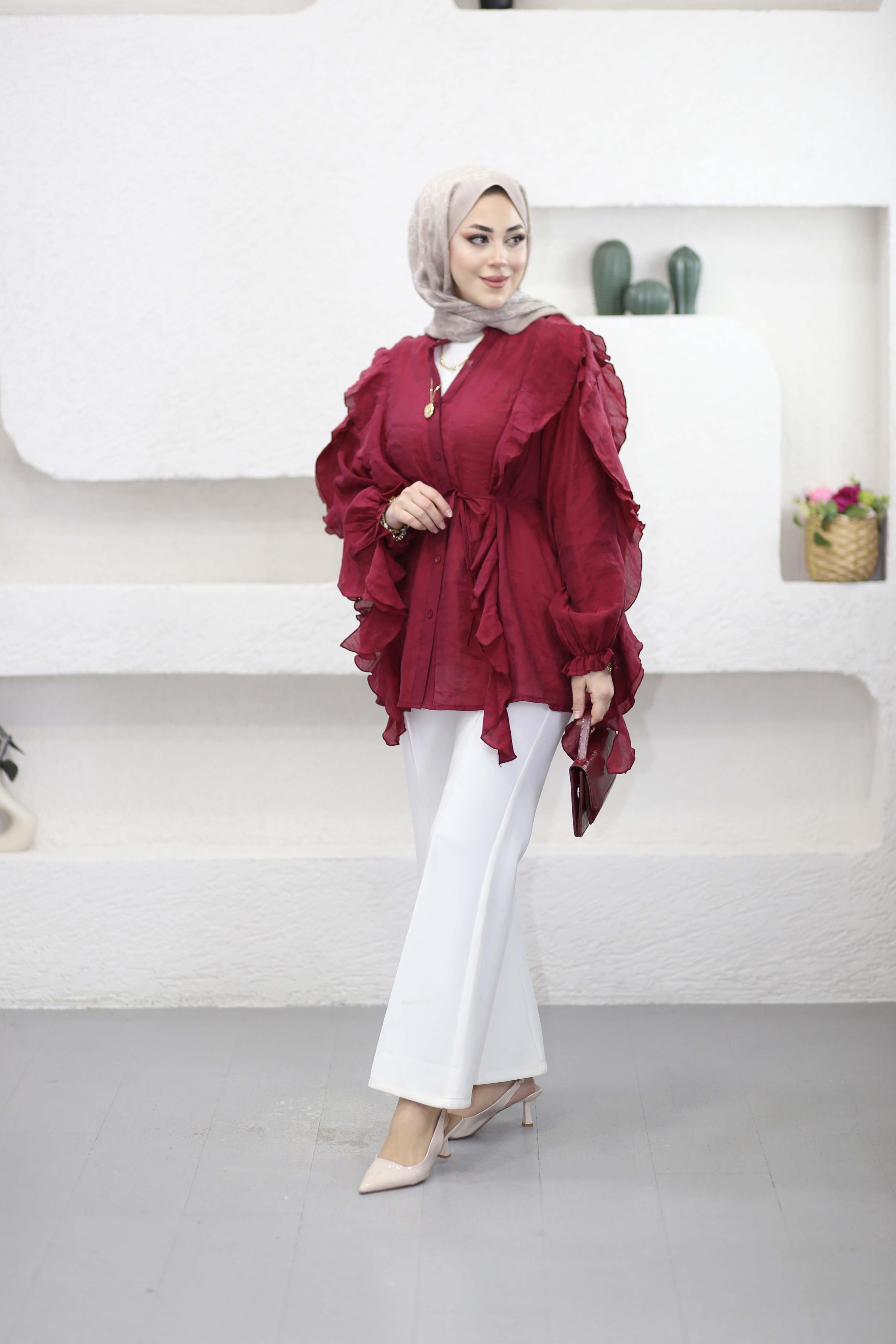 Volan Detaylı Gömlek Bordo 3240