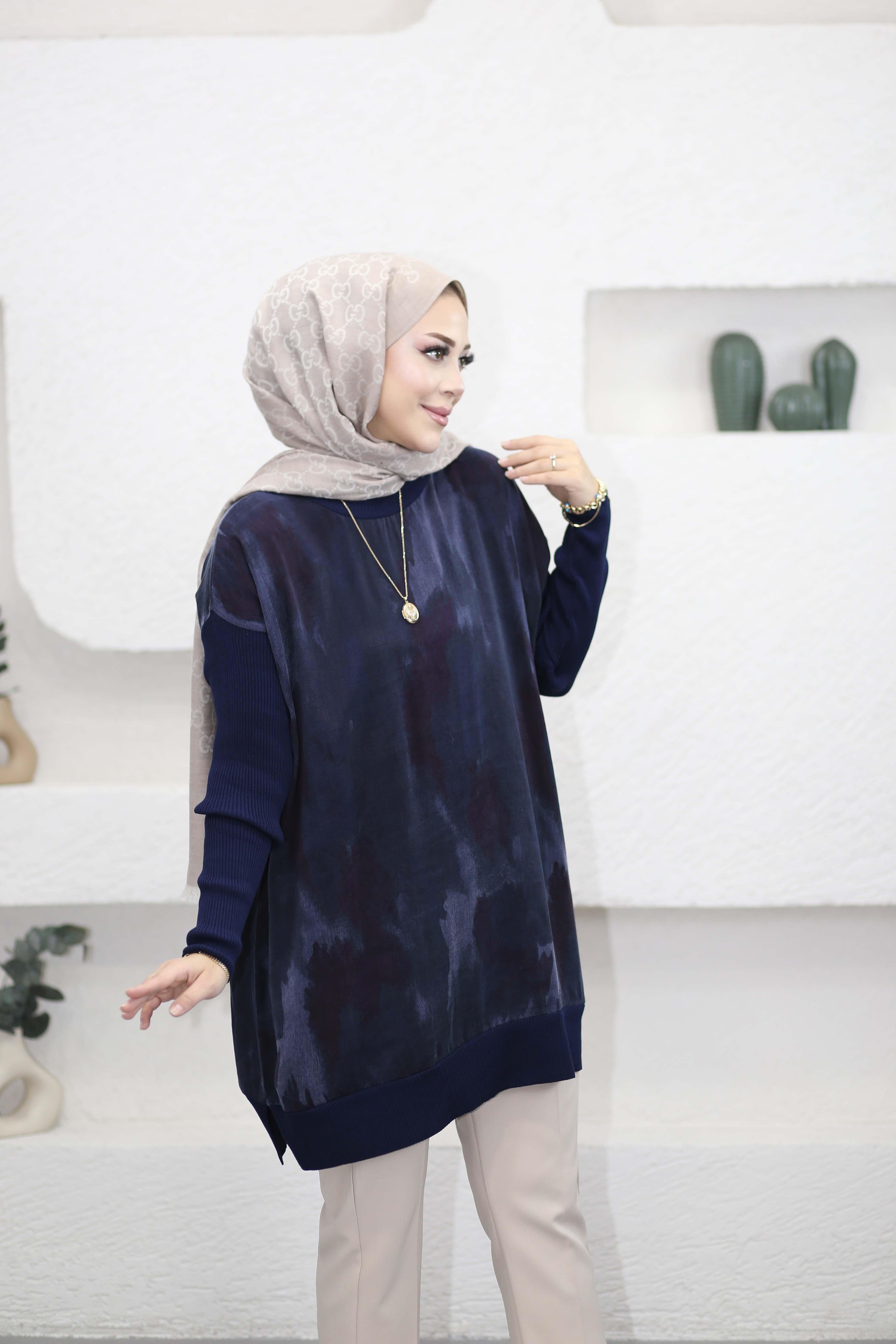 Triko Kollu Desenli Tunik Lacivert 281
