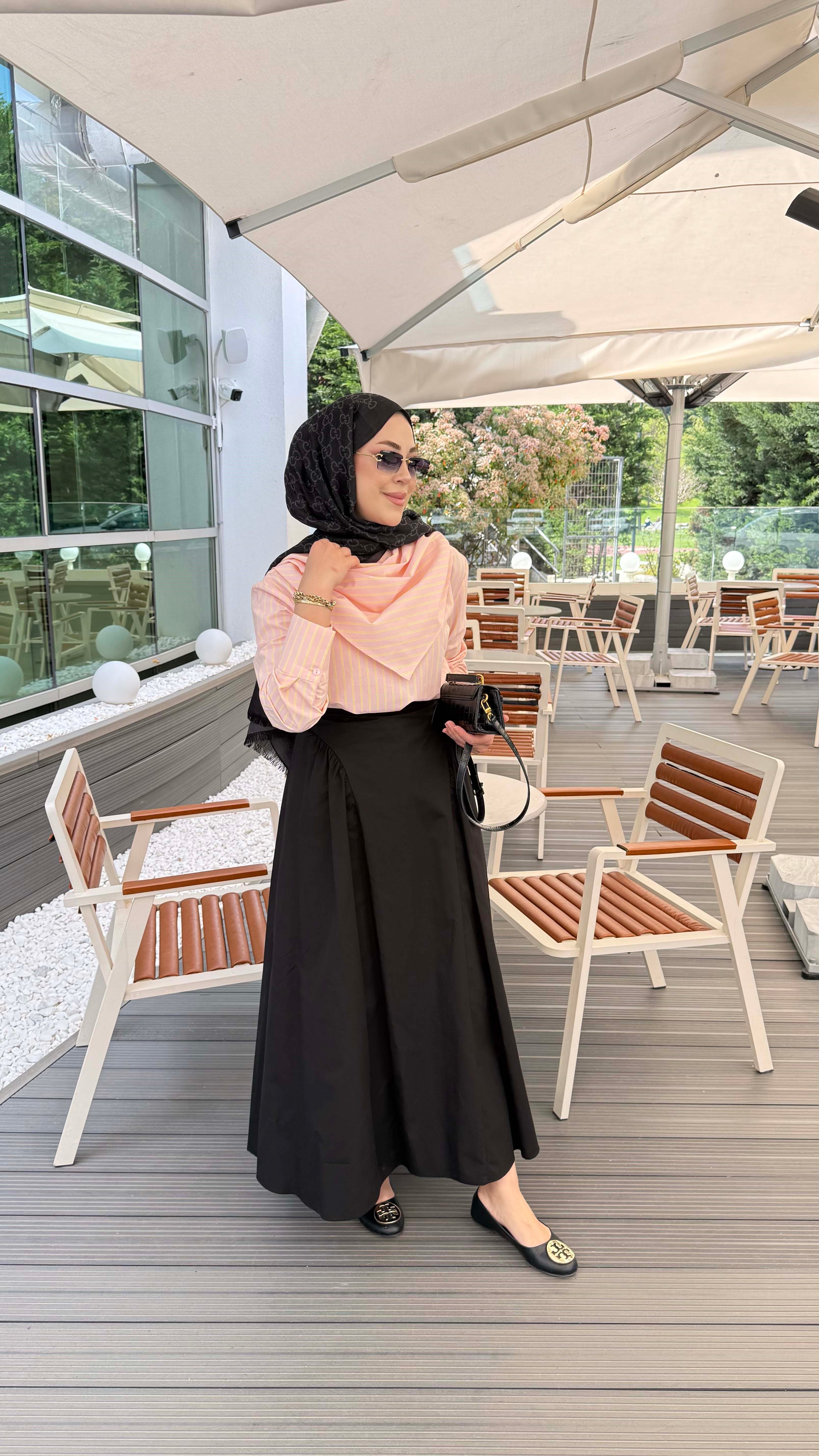 Yaka Fularlı Çizgili Tunik Pudra 26128
