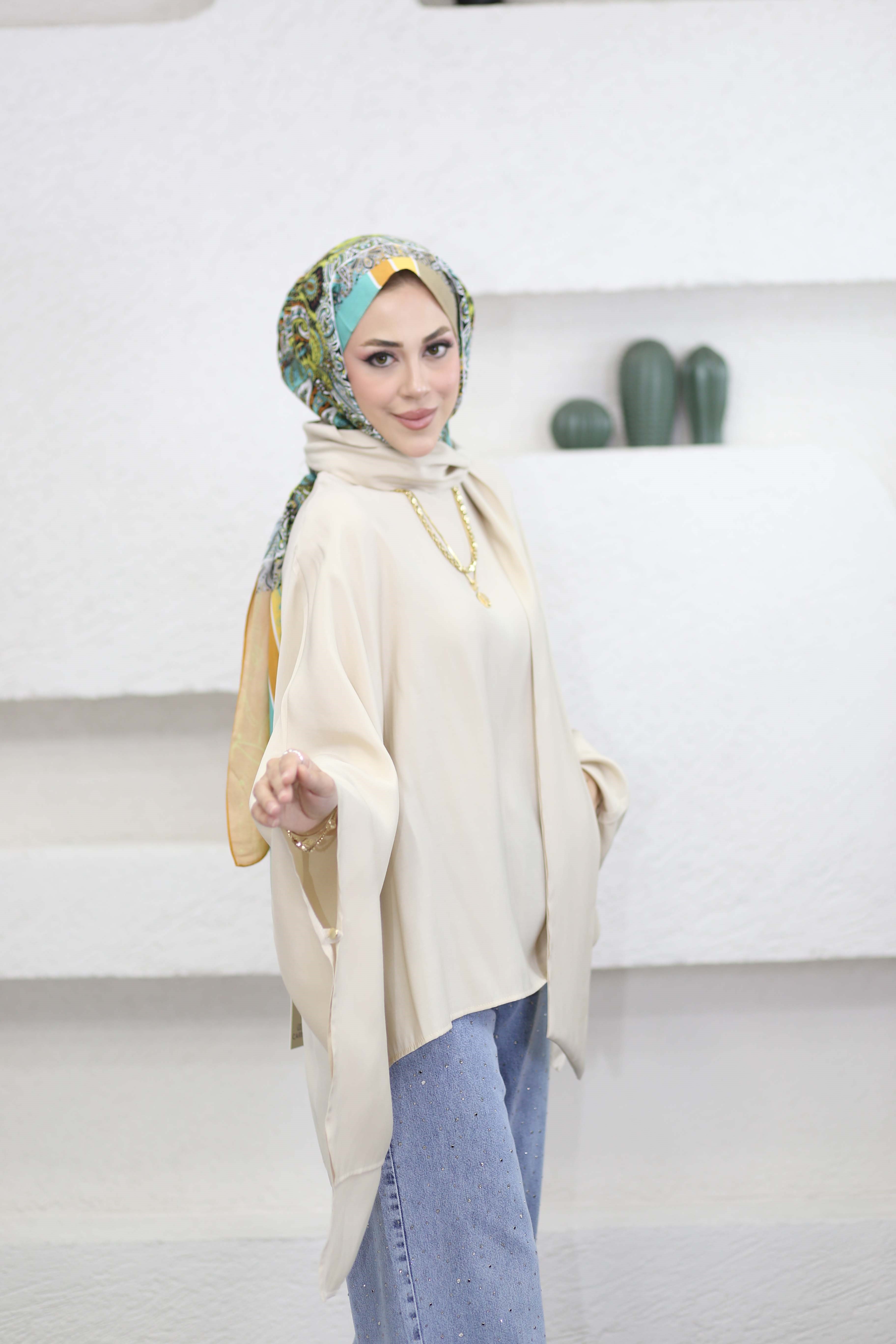 Yarasa Kol Şal Detaylı Bluz Bej 2268