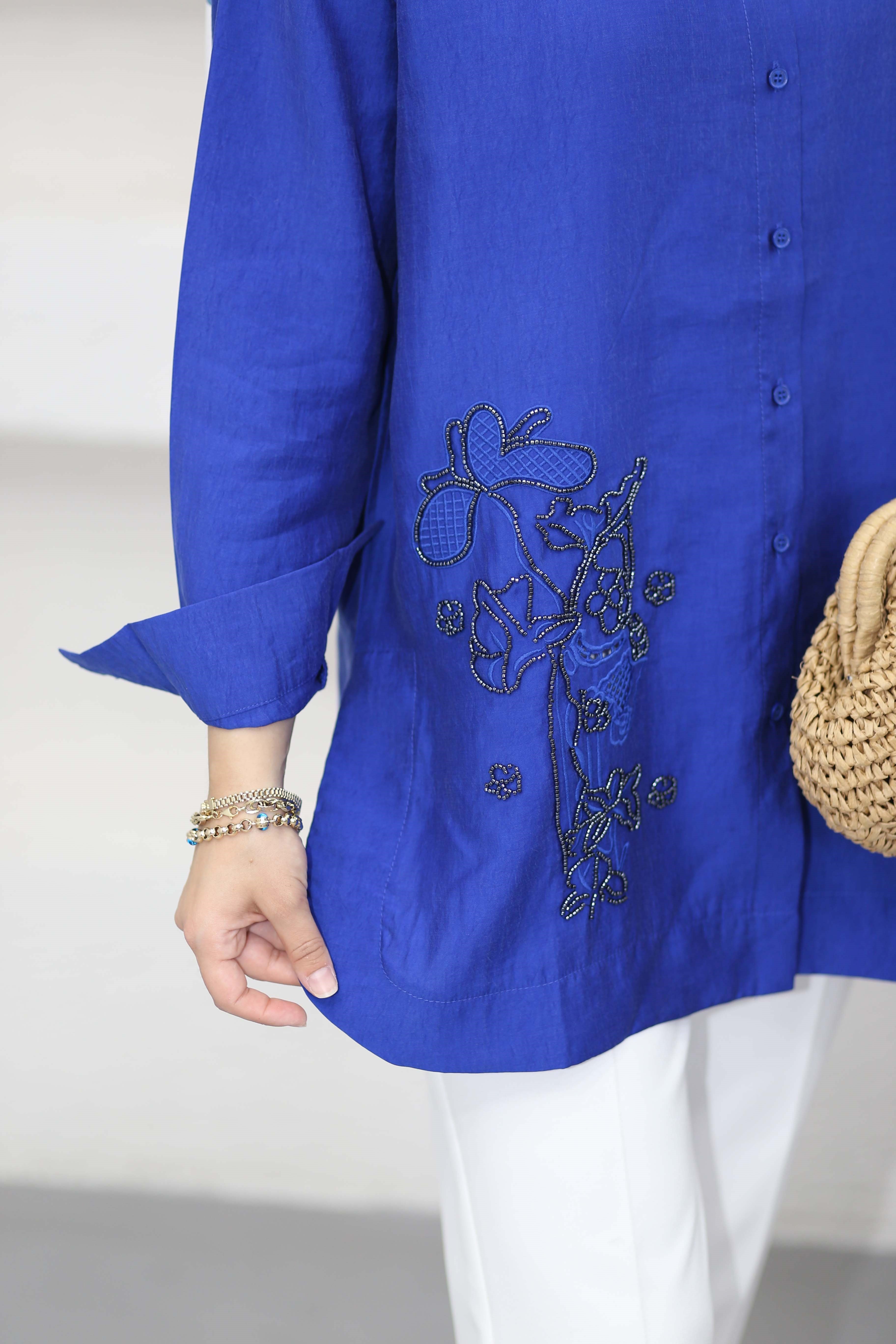 Boncuk Nakış Detaylı Gömlek Saks 2964