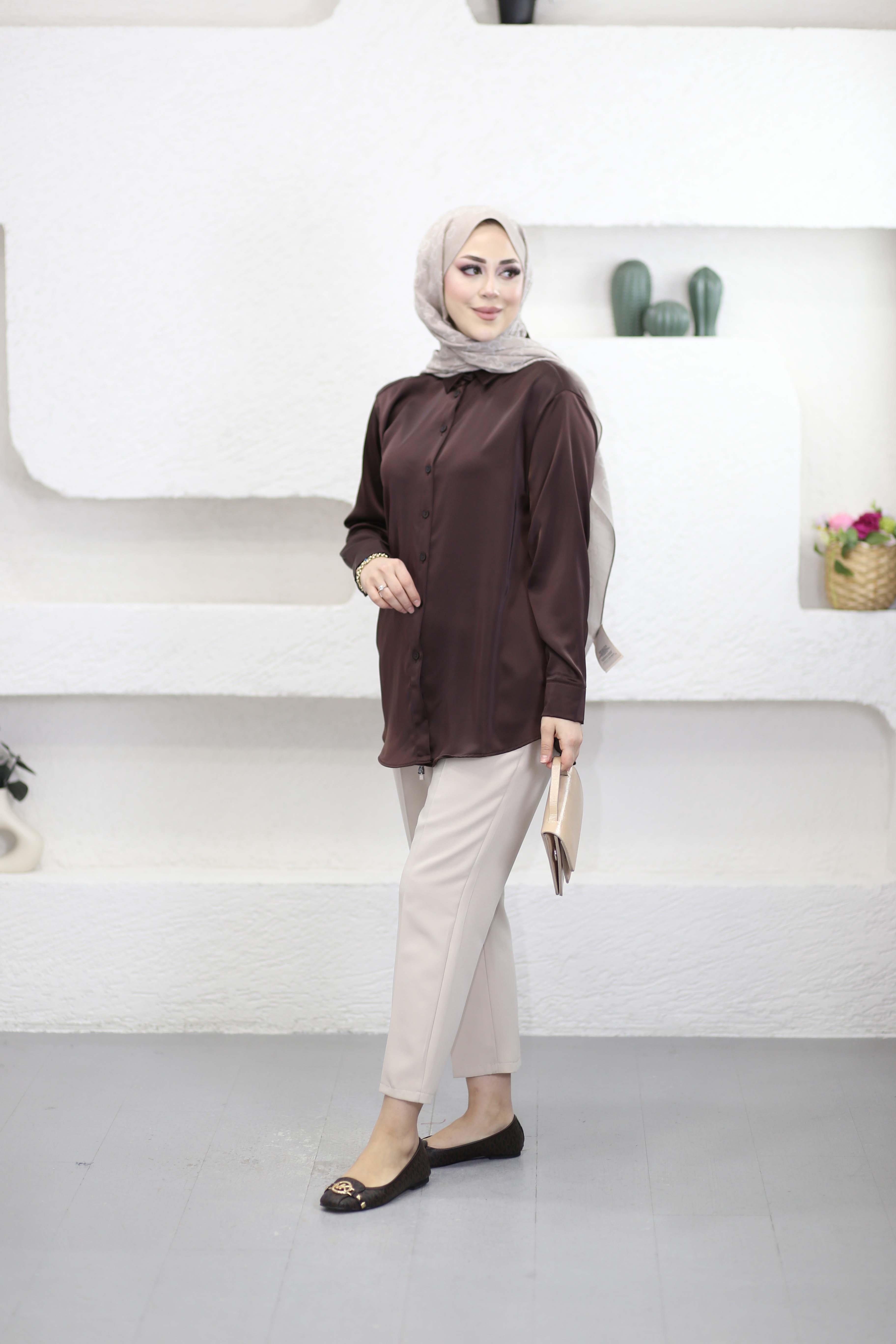 Oversize Saten Gömlek Kahverengi 2749