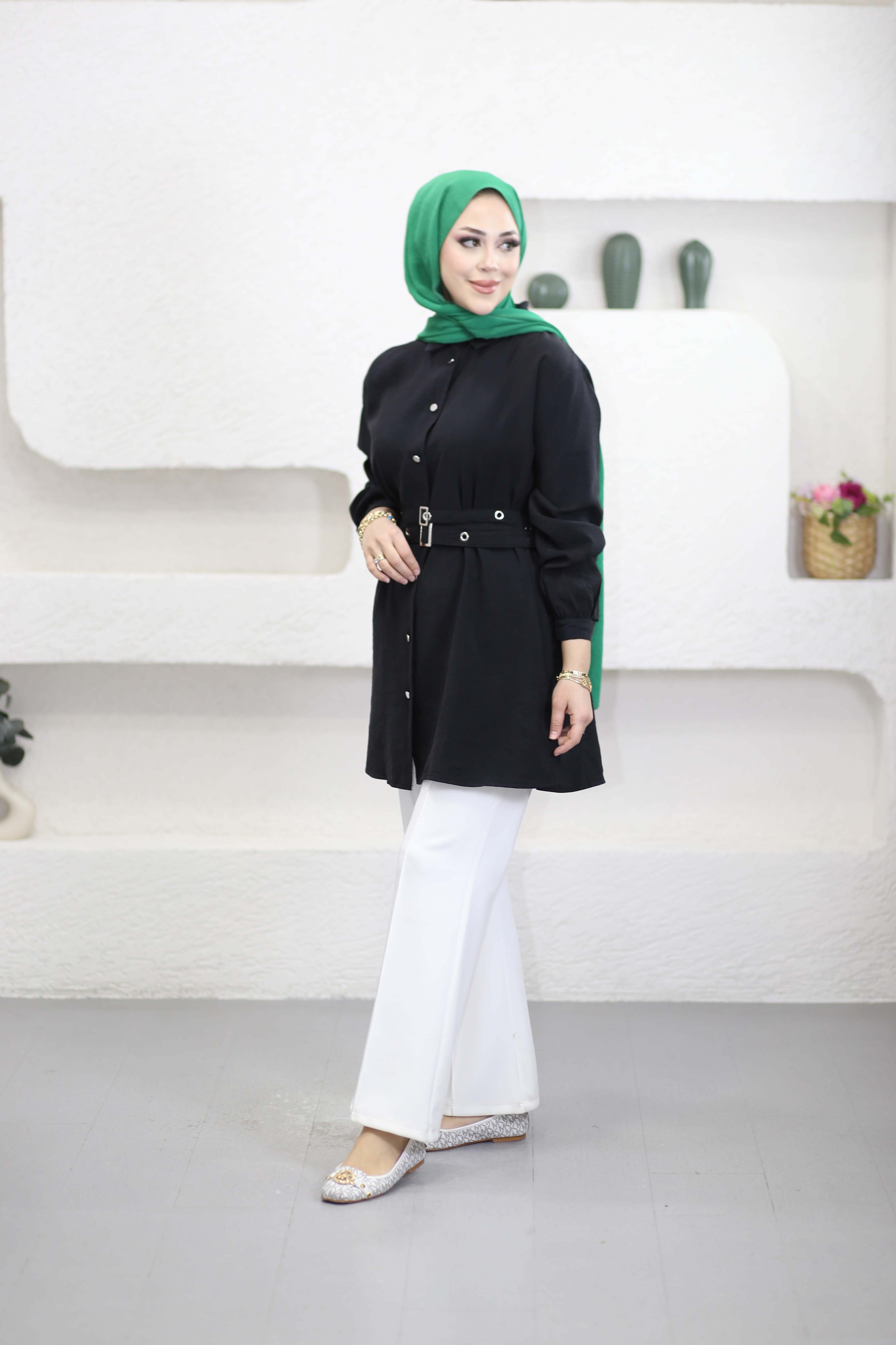 Çift Kemerli Modal Tunik Siyah 2121