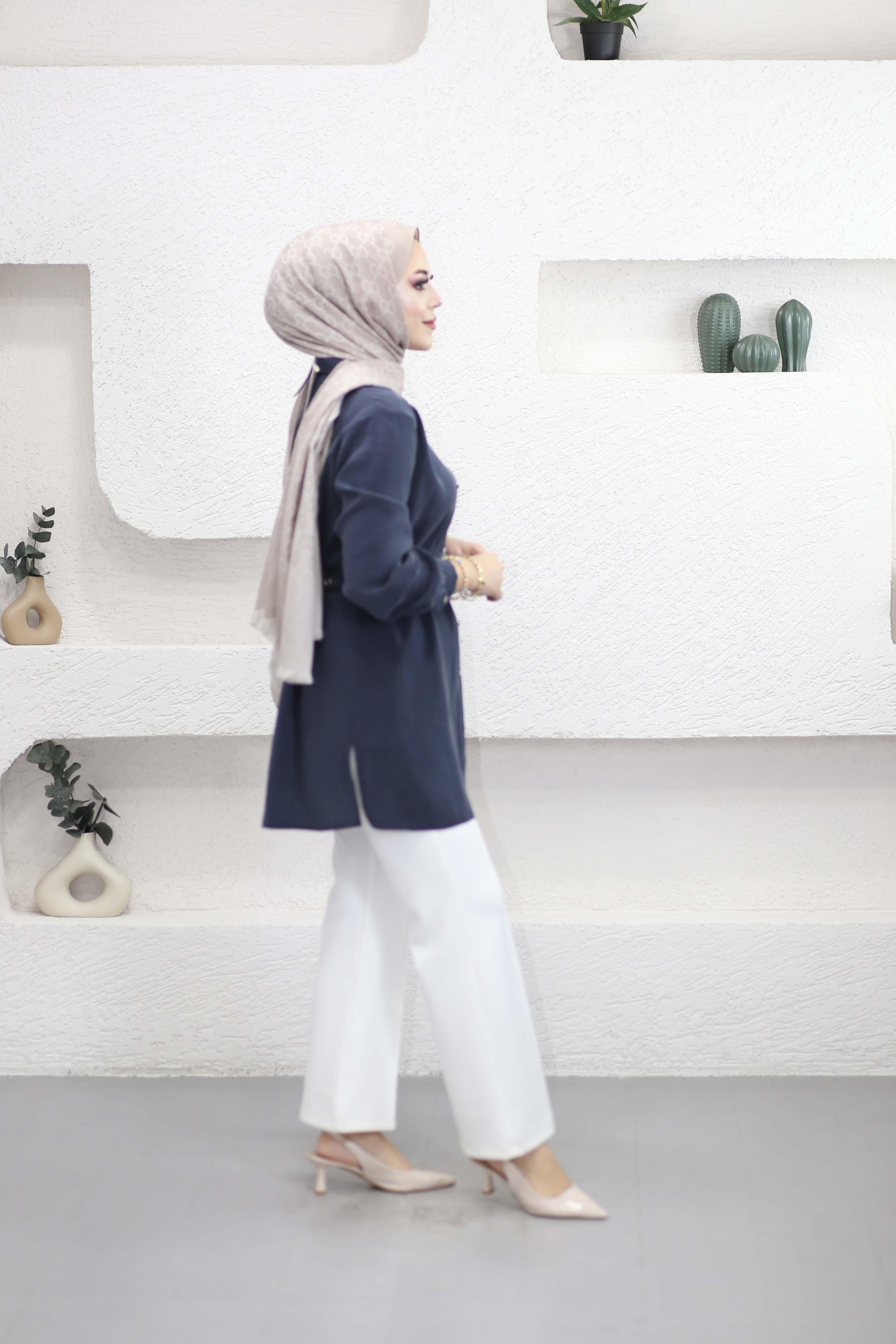 Çift Kemerli Modal Tunik Lacivert 2121