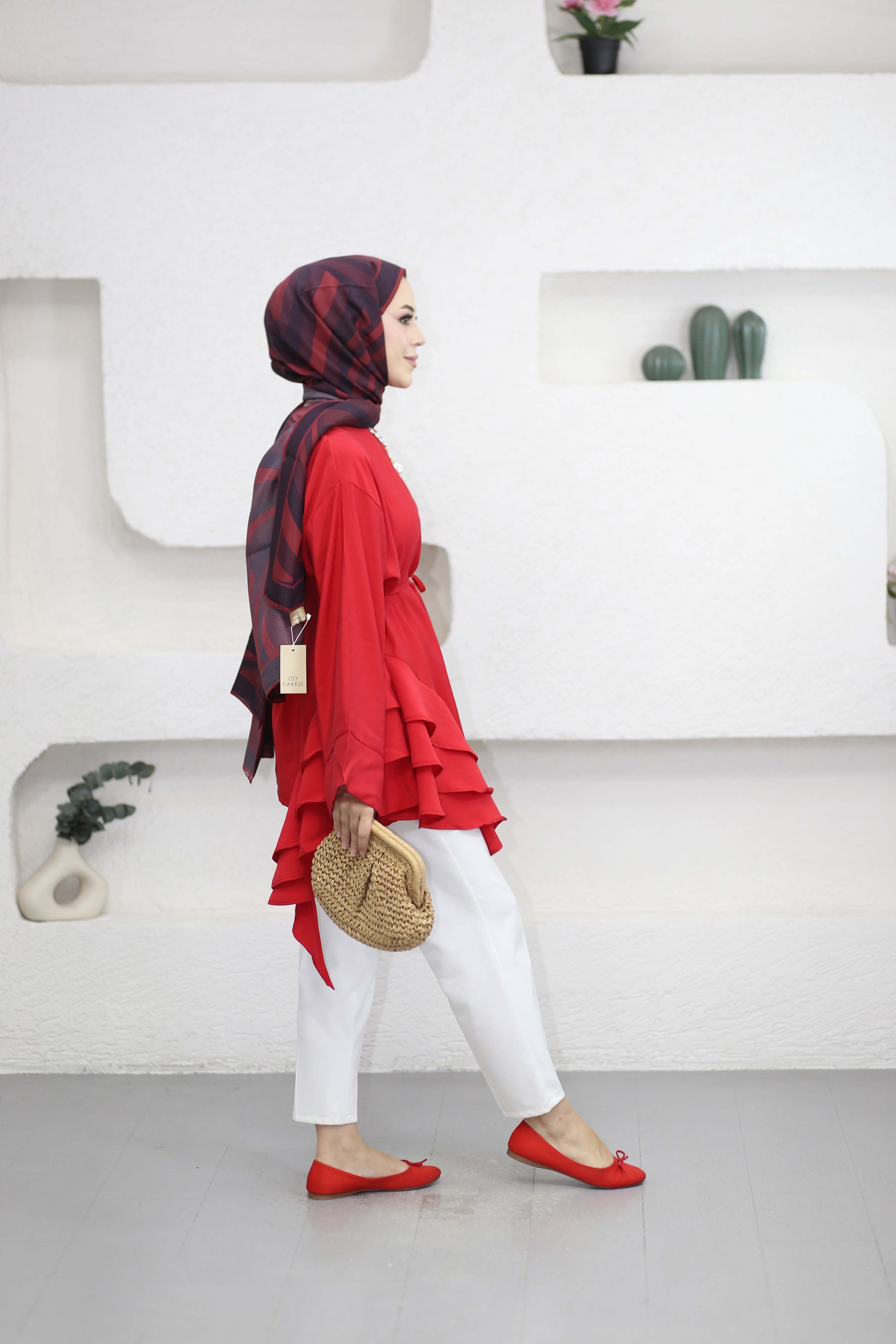 Volanlı Bağcıklı Tunik Kırmızı 61437