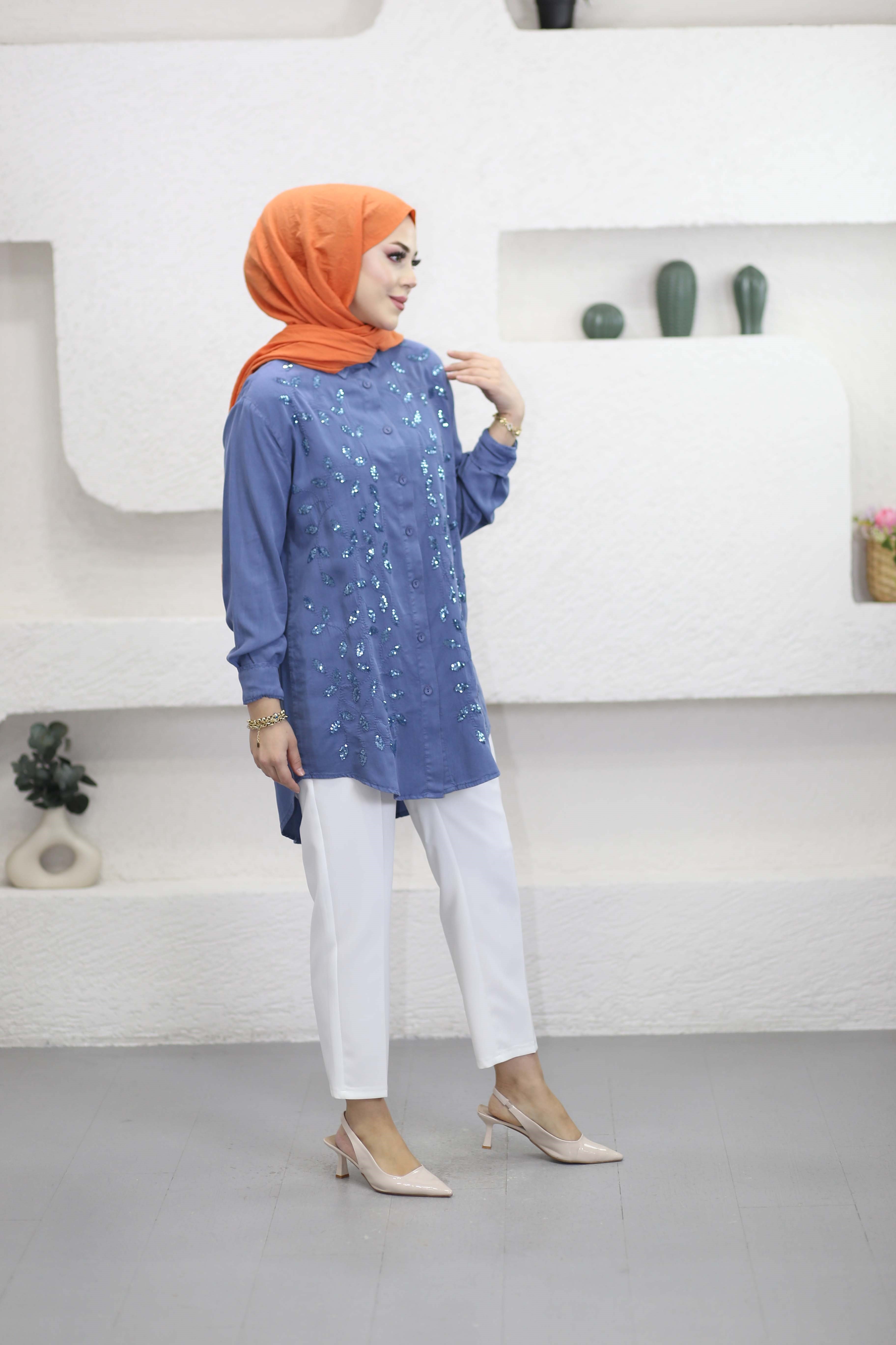 Yaprak İşlemeli Tencel Gömlek Mavi 7504